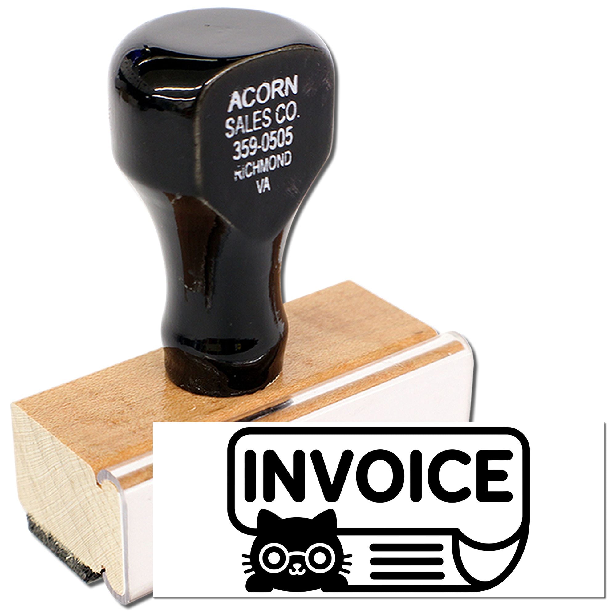 Custom invoice rubber stamp with company address for office billing and document marking.