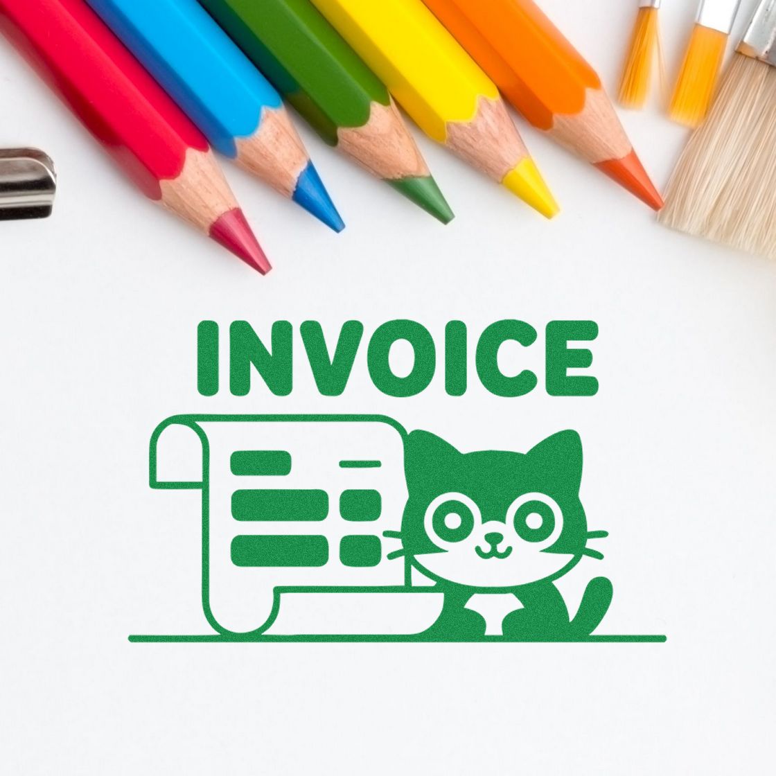 Invoice rubber stamp design with cat and bill icon, shown with colored pencils for custom branding and office use.