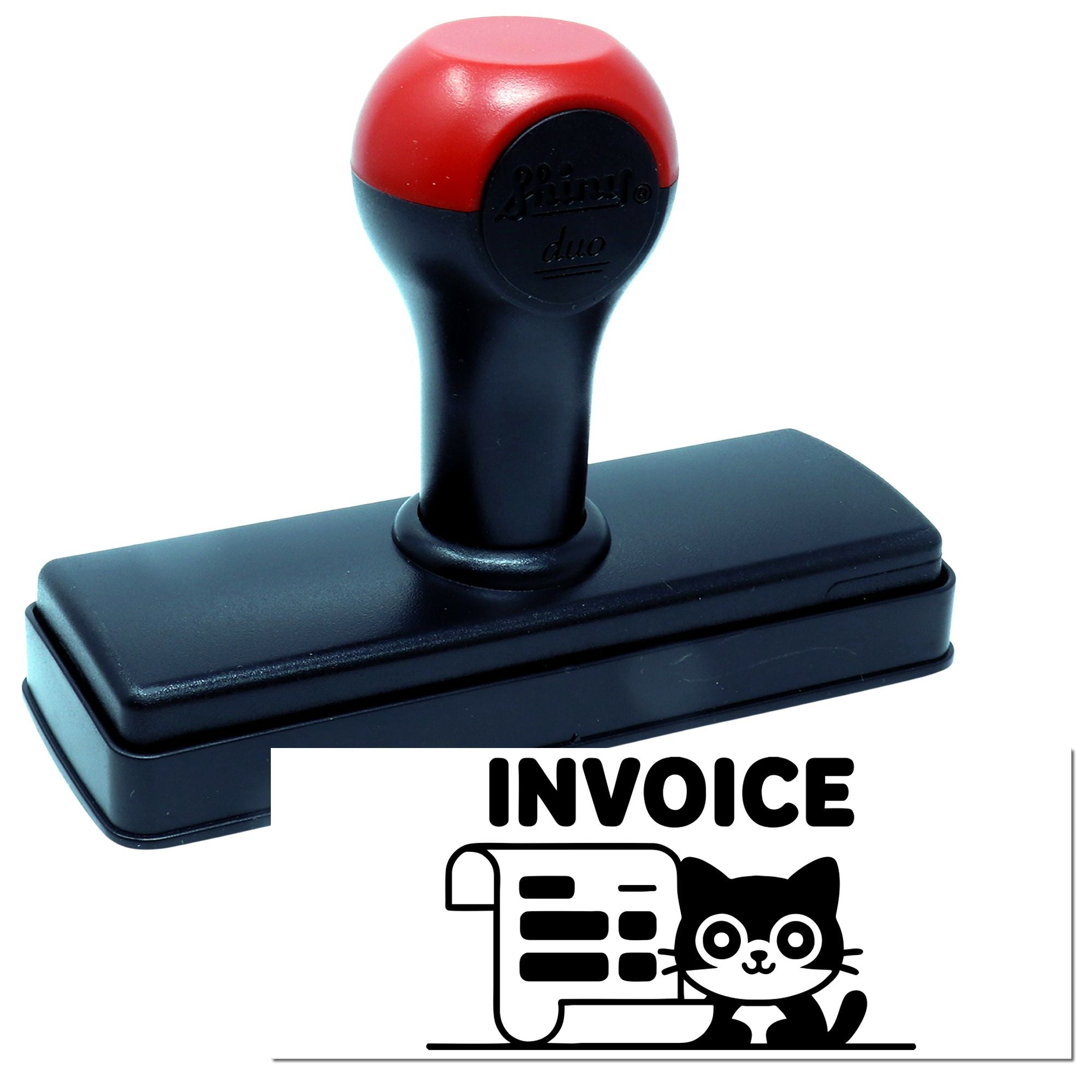 Self-inking invoice rubber stamp with cat logo for business paperwork and billing.