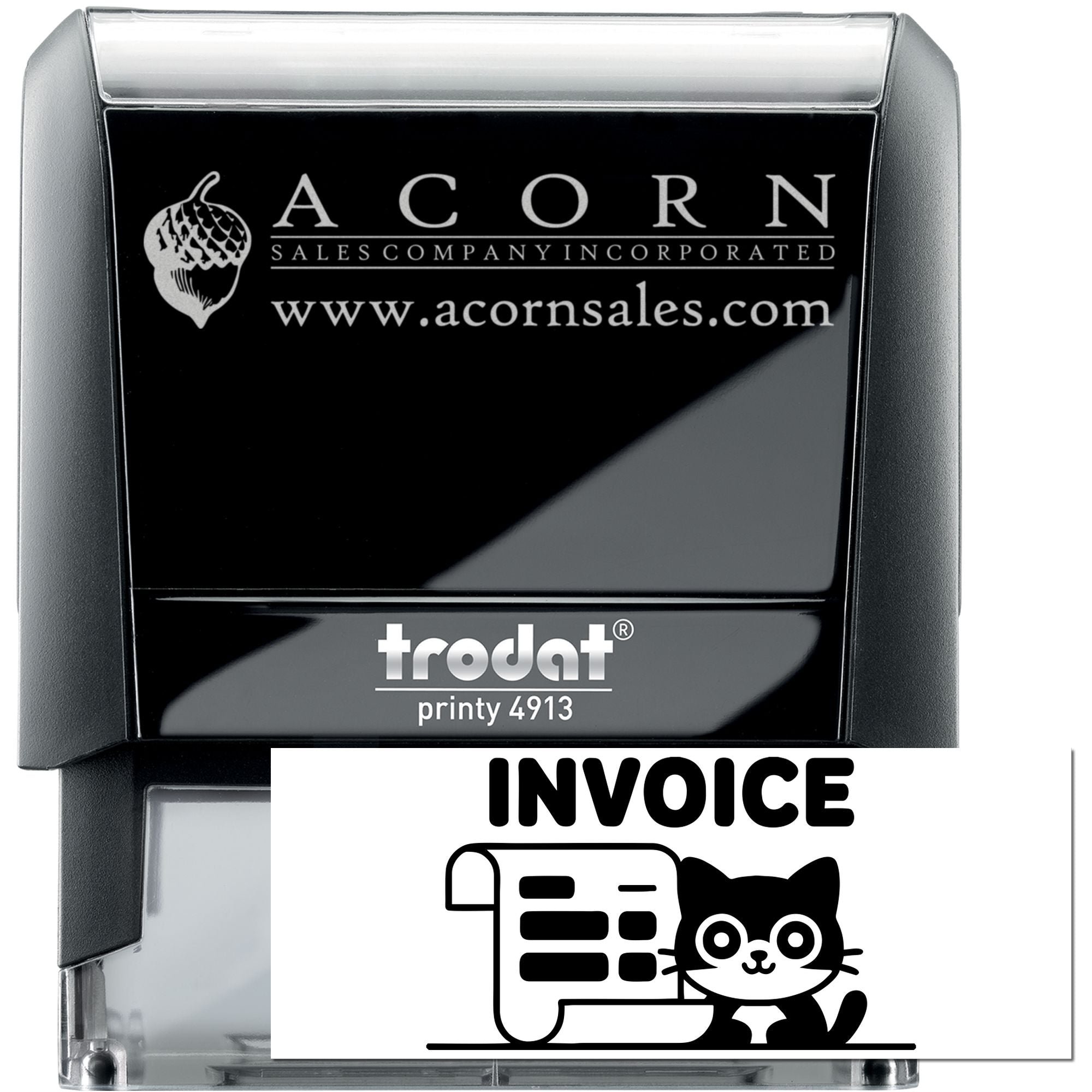 Trodat Printy 4913 self-inking rubber stamp for custom logo and invoice marking in business use.