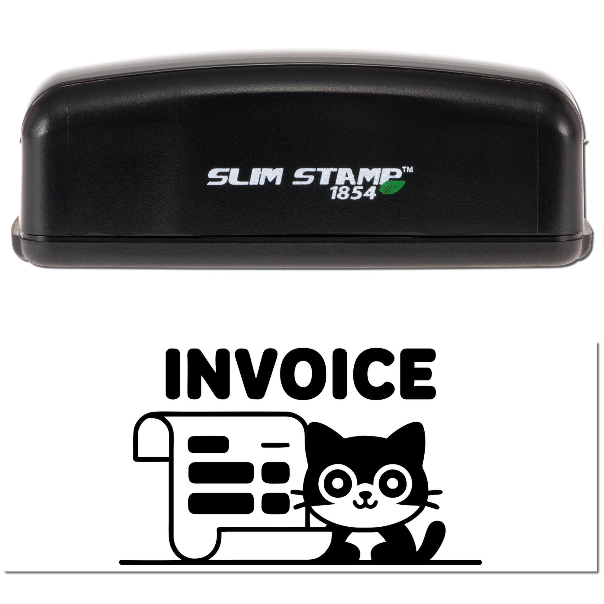 Slim Stamp 1854 rubber stamp with invoice cat design for quick invoice marking.