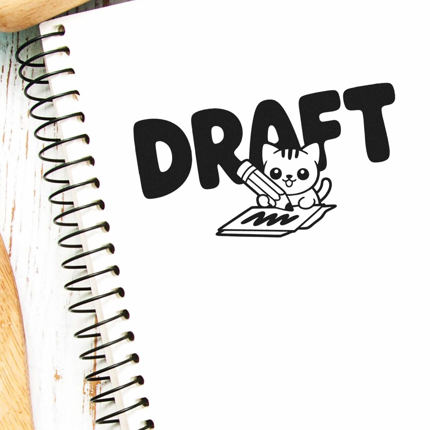 Cute draft rubber stamp design with cat and pencil for notebooks, journals, and creative planning