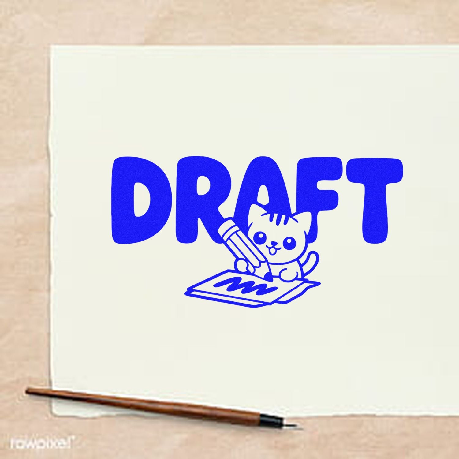 Draft rubber stamp design with cute cat and pencil illustration for marking sketches, artwork, and documents.