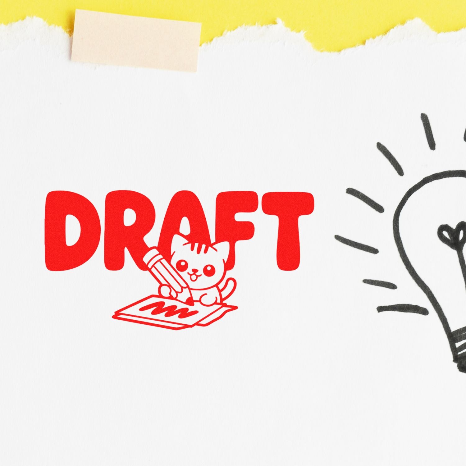 Red DRAFT rubber stamp with cat and pencil, perfect for marking draft documents and creative proofing.