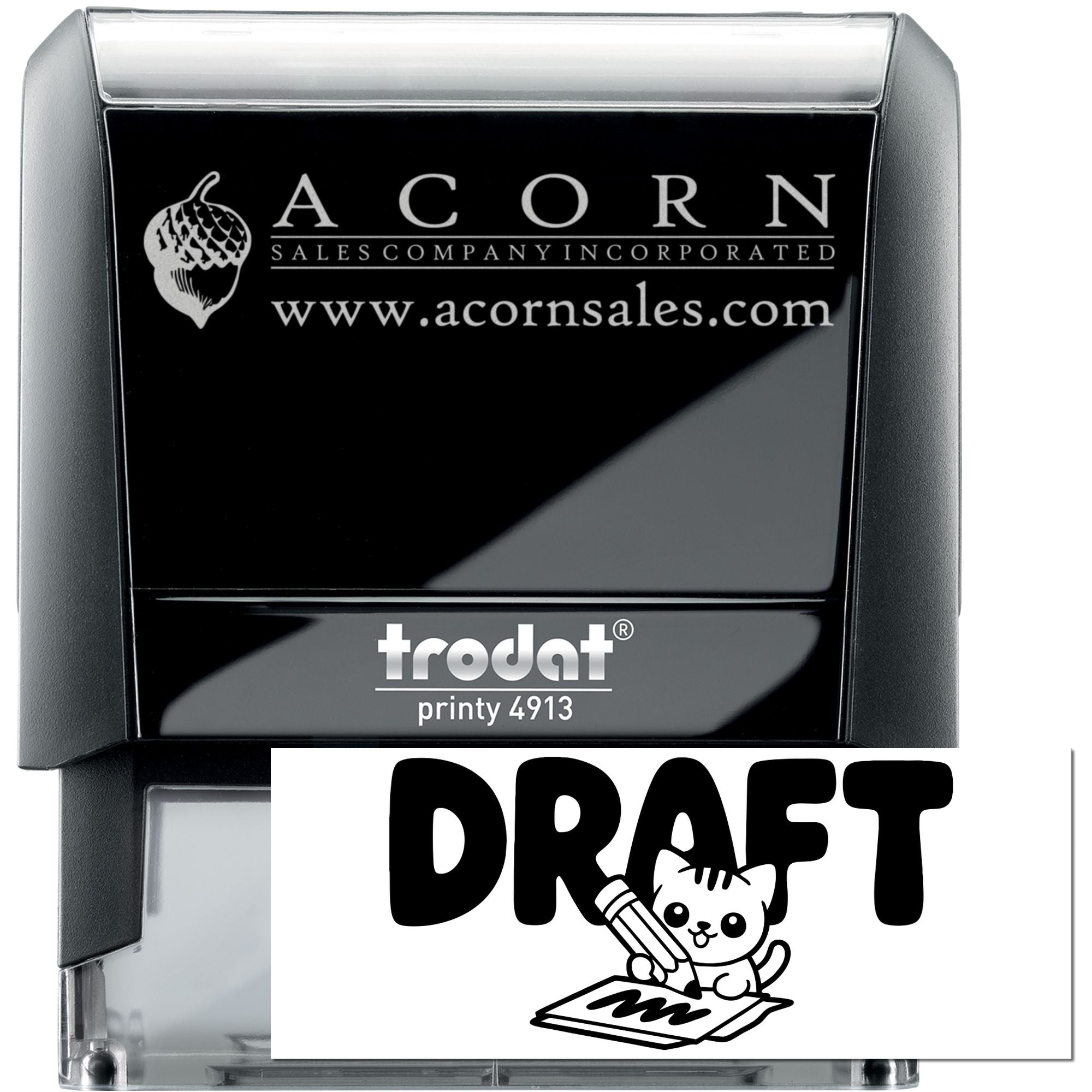 Custom self-inking rubber stamp, Trodat Printy 4913, with Acorn Sales logo and draft cat pencil design.