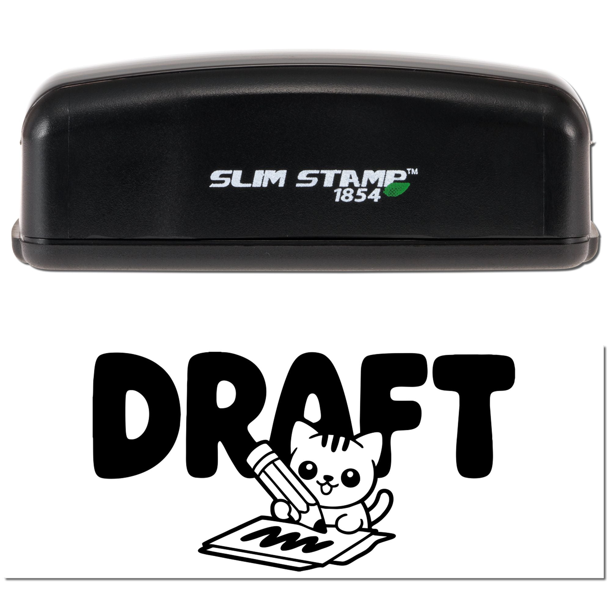 Slim Stamp 1854 self-inking rubber stamp showing Draft cat design for marking documents.