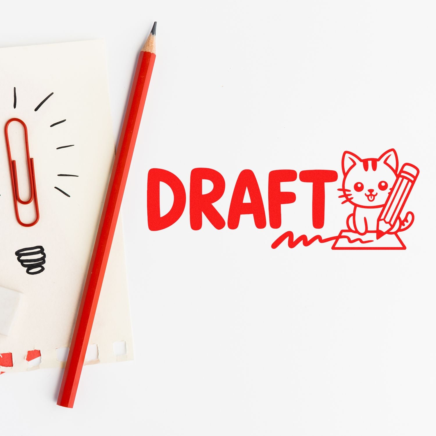 Draft rubber stamp with cat and pencil, perfect for marking sketches, proofs, and creative project notes.