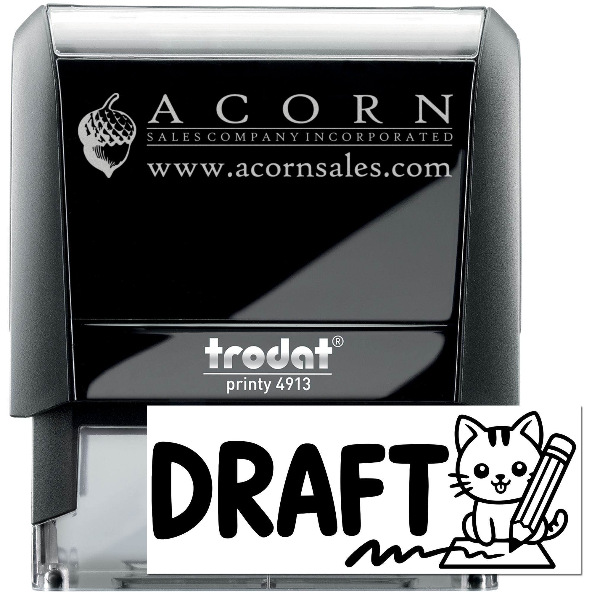 Custom self-inking rubber stamp with Acorn Sales Company logo and website, shown on Trodat Printy 4913 stamp mount.