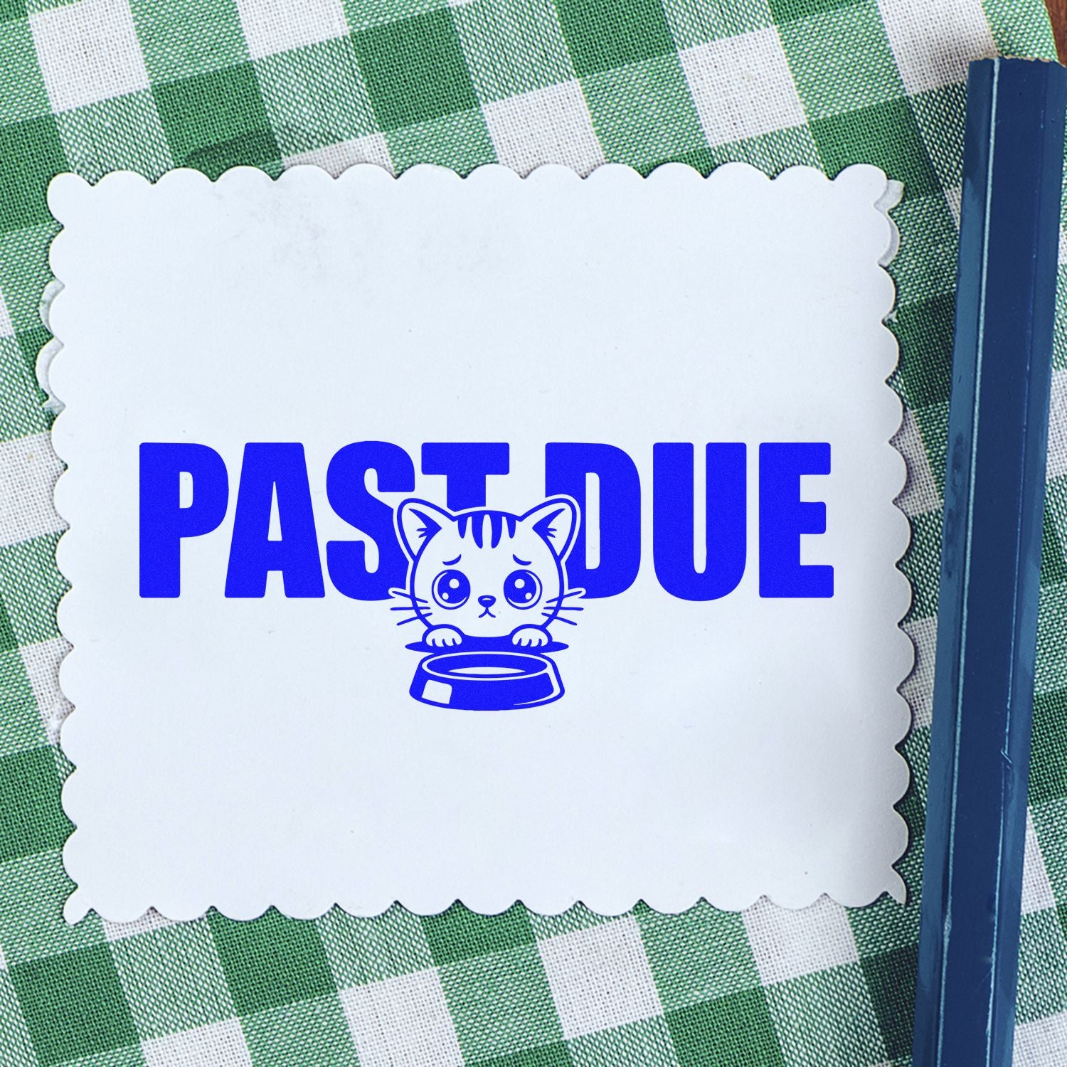 Past Due rubber stamp with cat icon for overdue notices, office paperwork, and bookkeeping reminders.