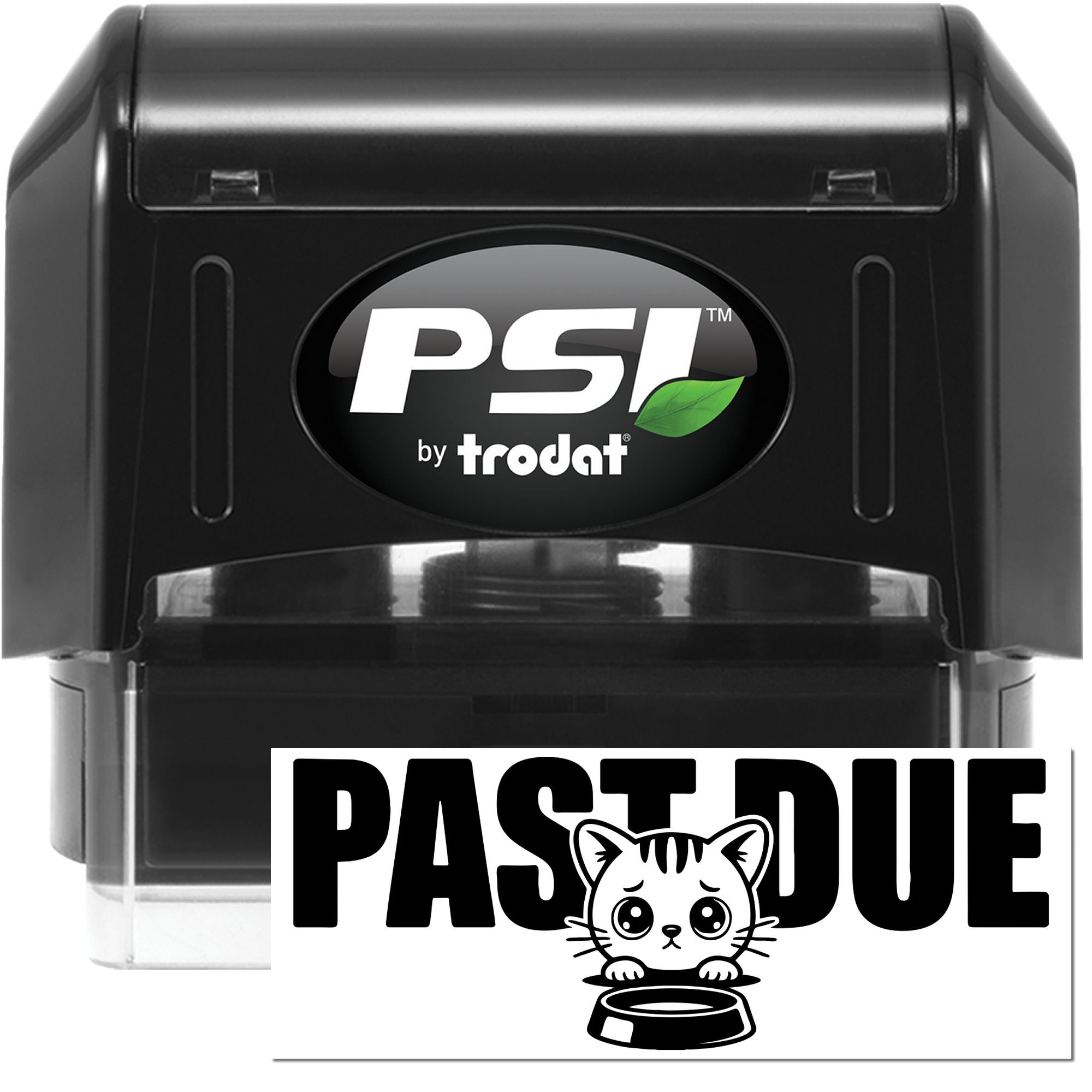 PSI by Trodat self-inking rubber stamp with Past Due cat design for marking overdue invoices and office documents.