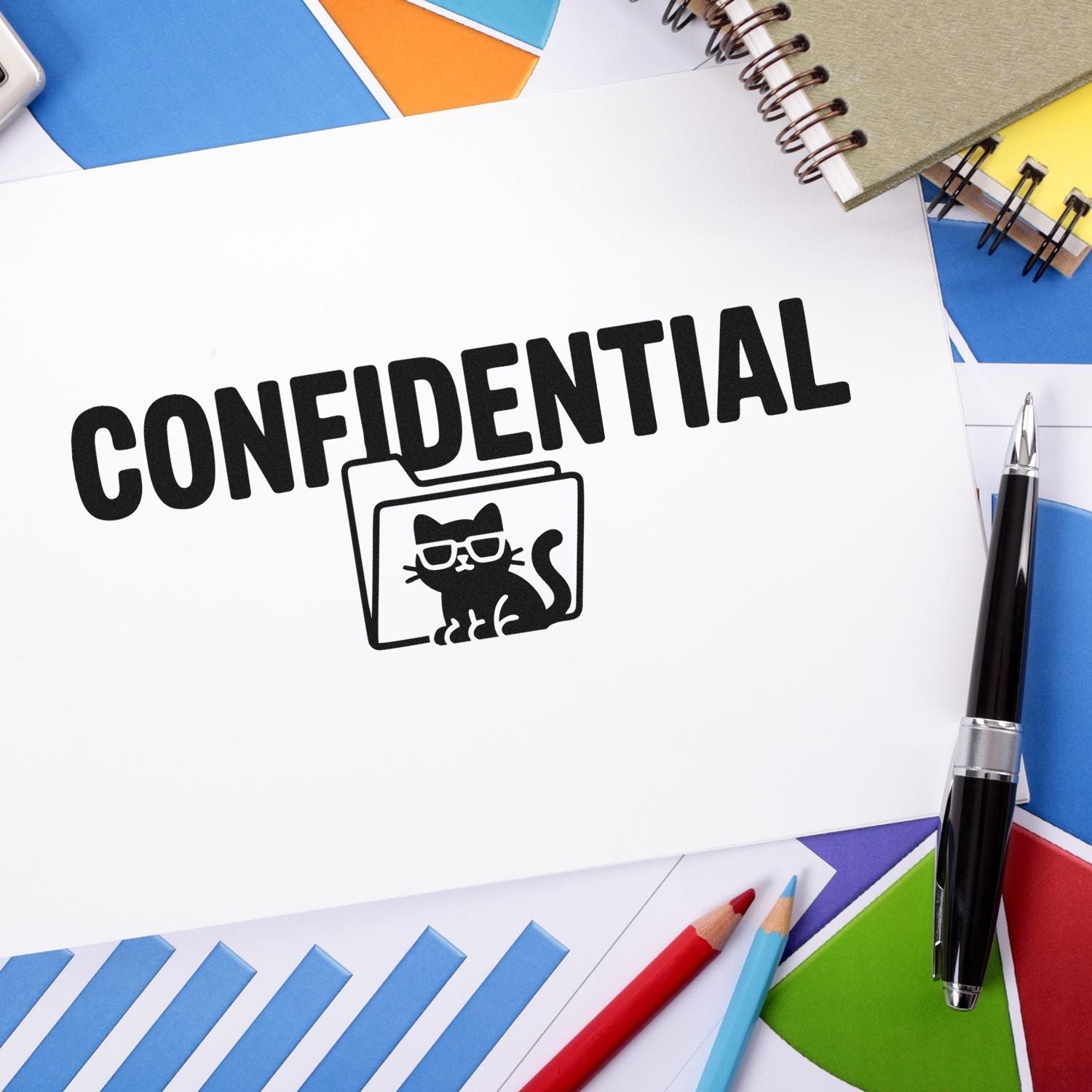 Confidential custom rubber stamp design for office documents, featuring a cat icon for secure file labeling and privacy.