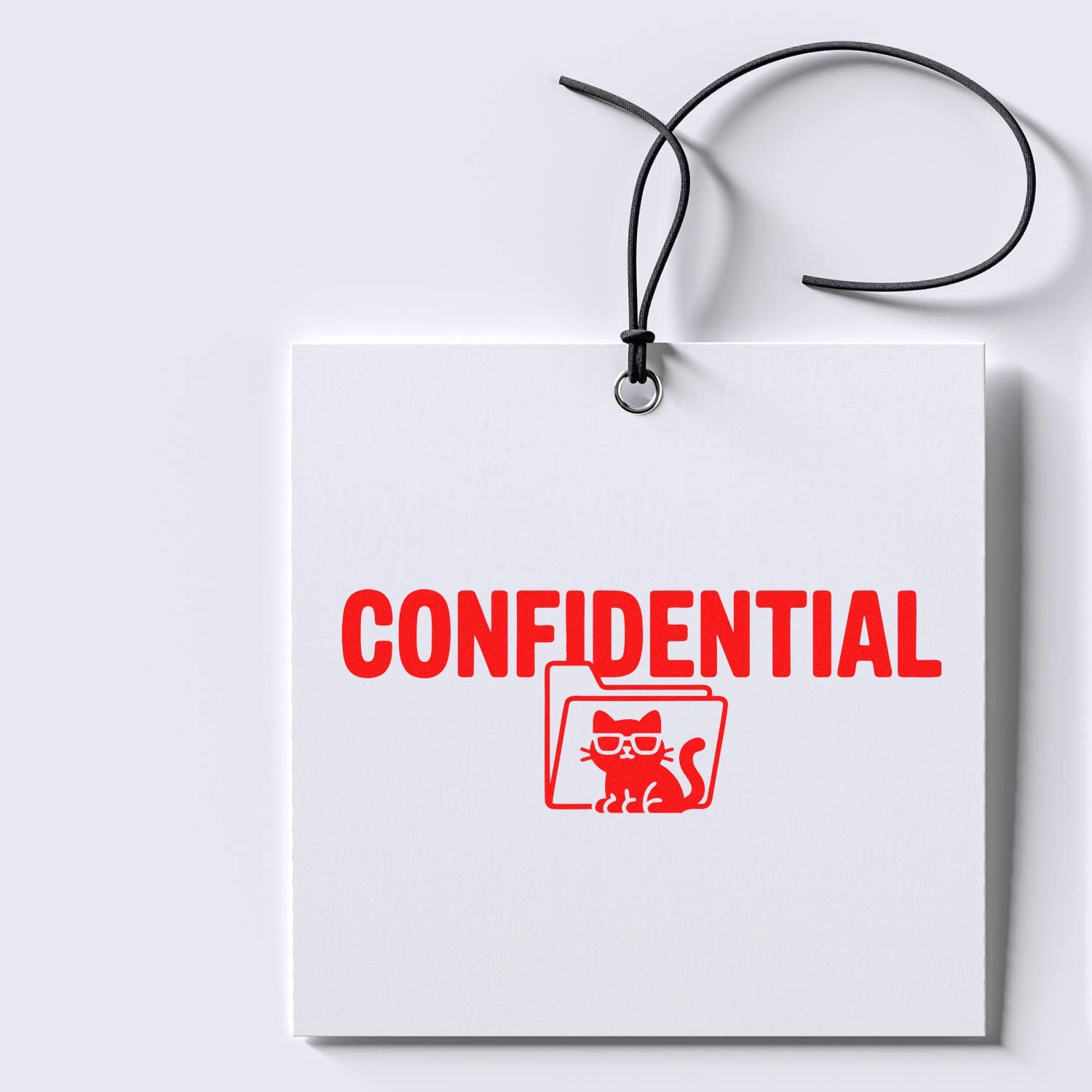 Confidential rubber stamp design with red cat icon on a hanging white card for office privacy and custom document stamping.