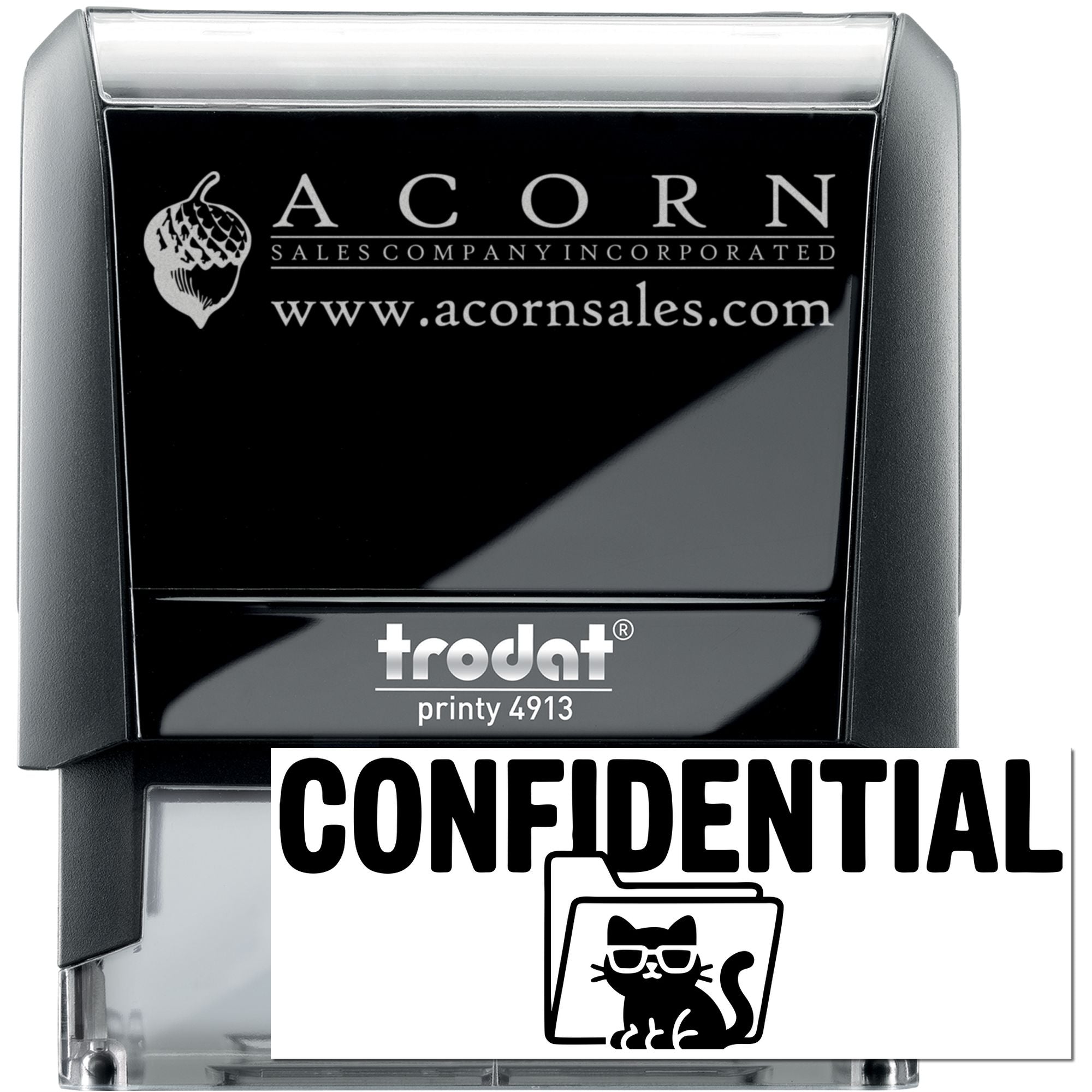 Custom Trodat Printy 4913 self-inking rubber stamp with Acorn Sales logo and confidential marking