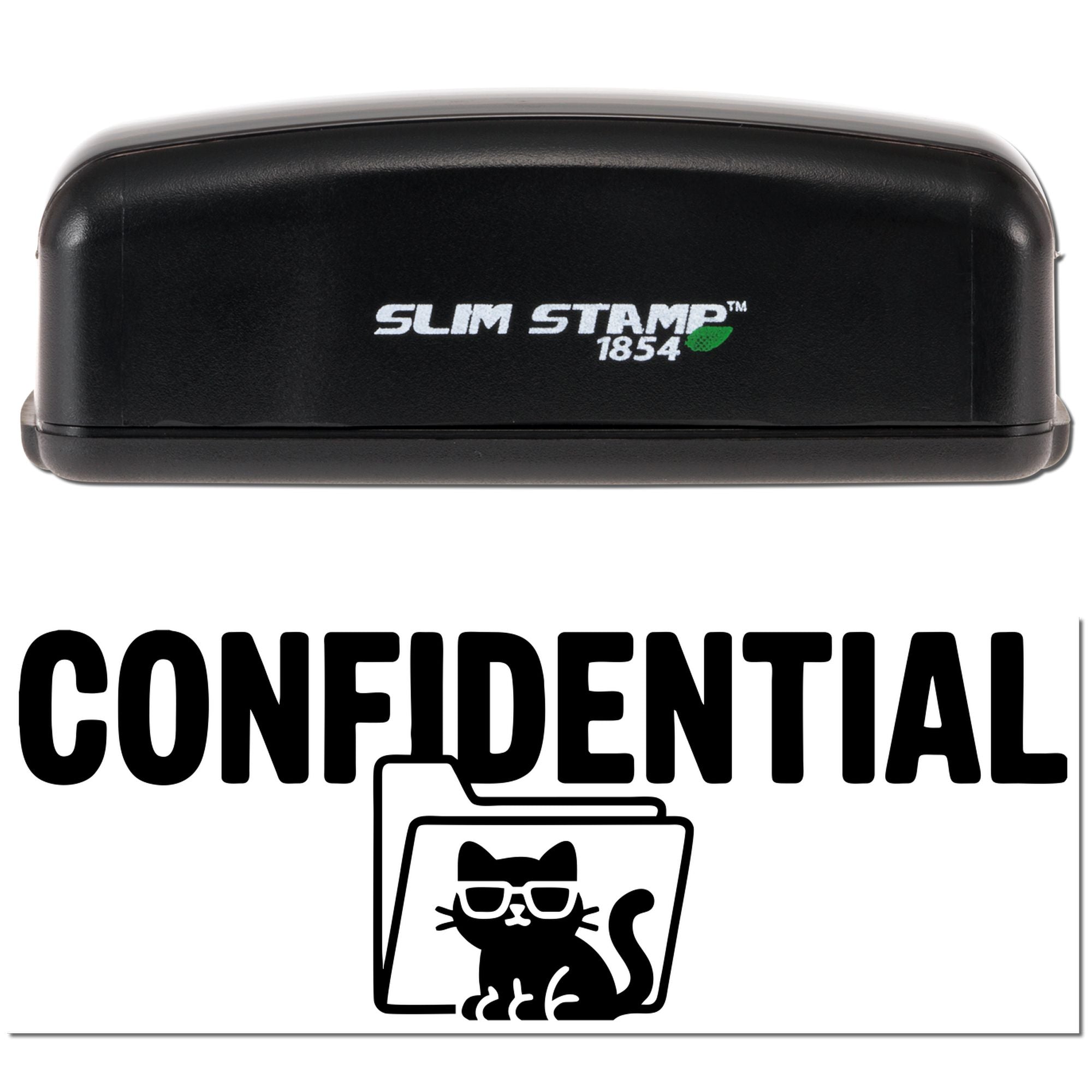 Slim Stamp 1854 confidential rubber stamp with cat file icon, ideal for marking private office documents