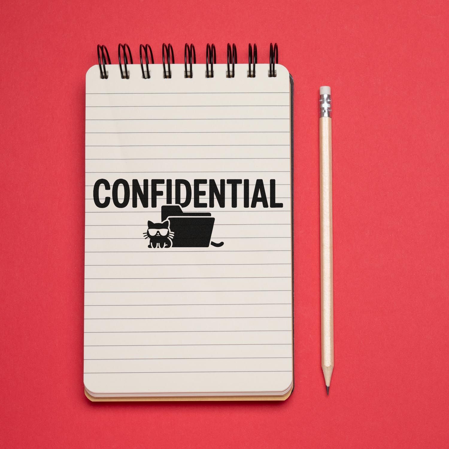 Confidential rubber stamp imprint on a notepad with folder icon, ideal for marking private office documents.