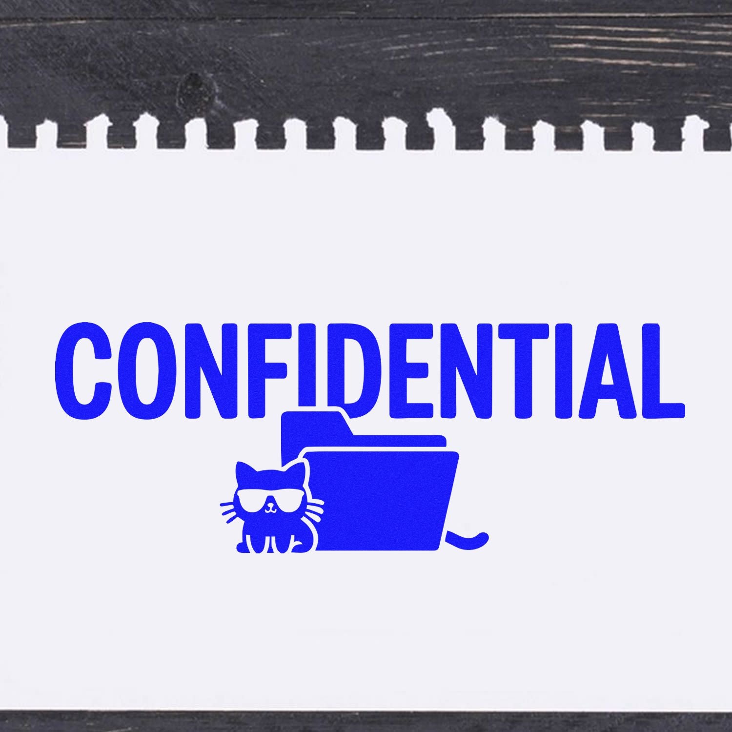 Confidential rubber stamp design with folder and cat icon for secure document marking and office organization