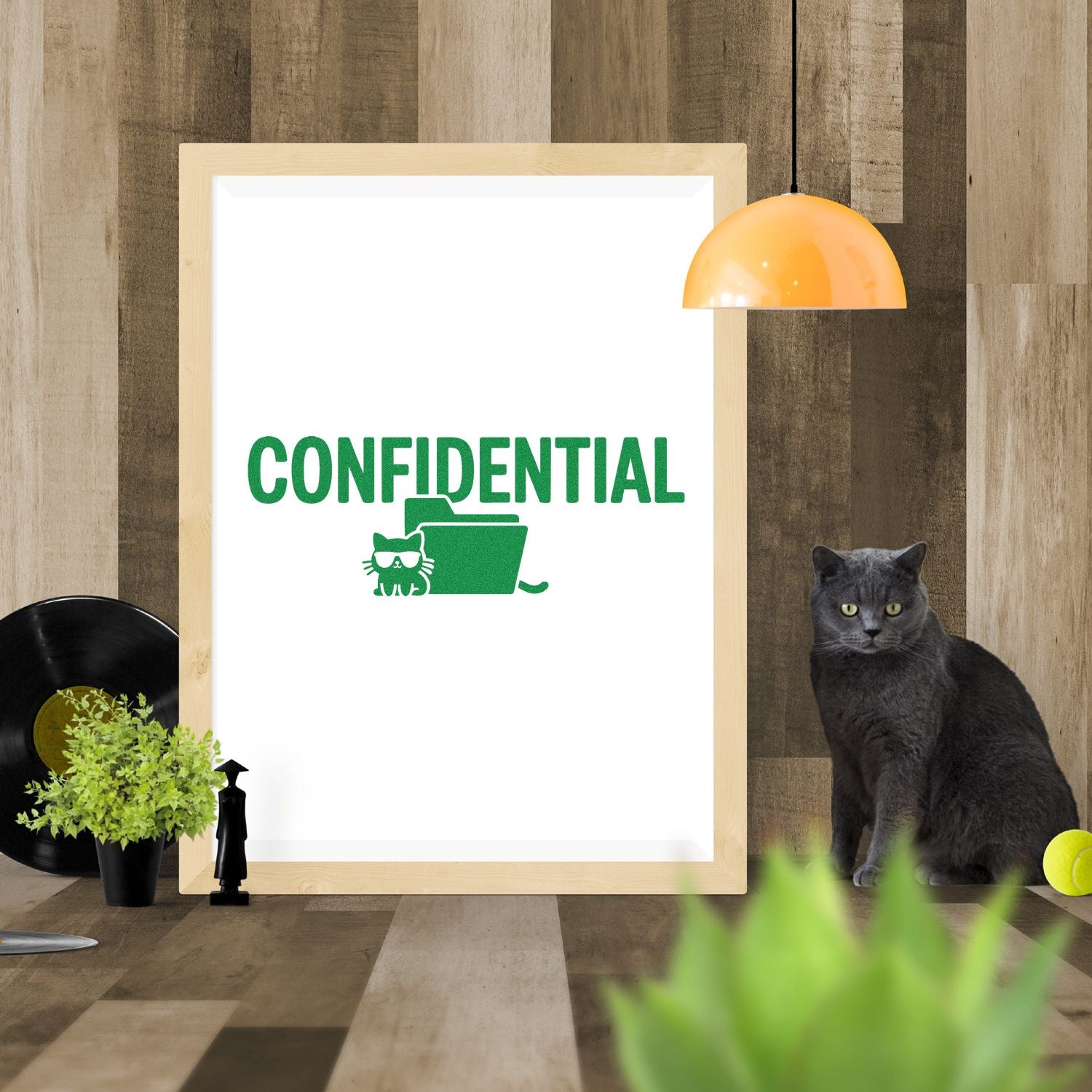 Confidential rubber stamp design featuring cat and file folder for office documents and secure filing.