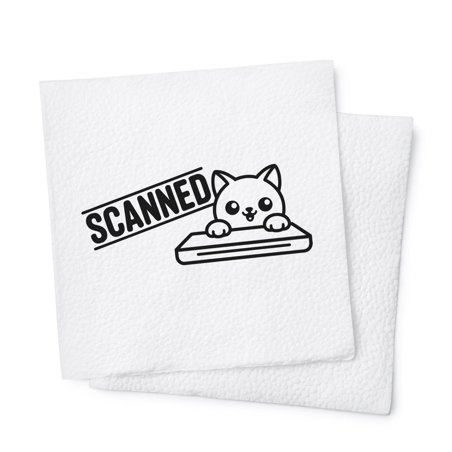 Cute cat SCANNED rubber stamp design for office documents, with scanner icon and bold approval-style text.