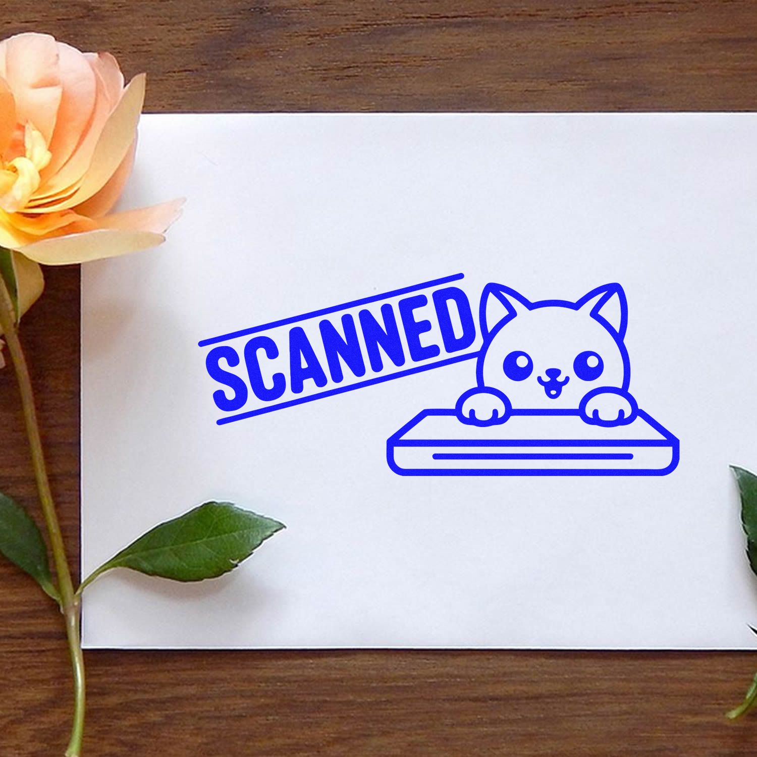 Blue Scanned rubber stamp design with cat peeking over scanner for document processing and office paperwork.
