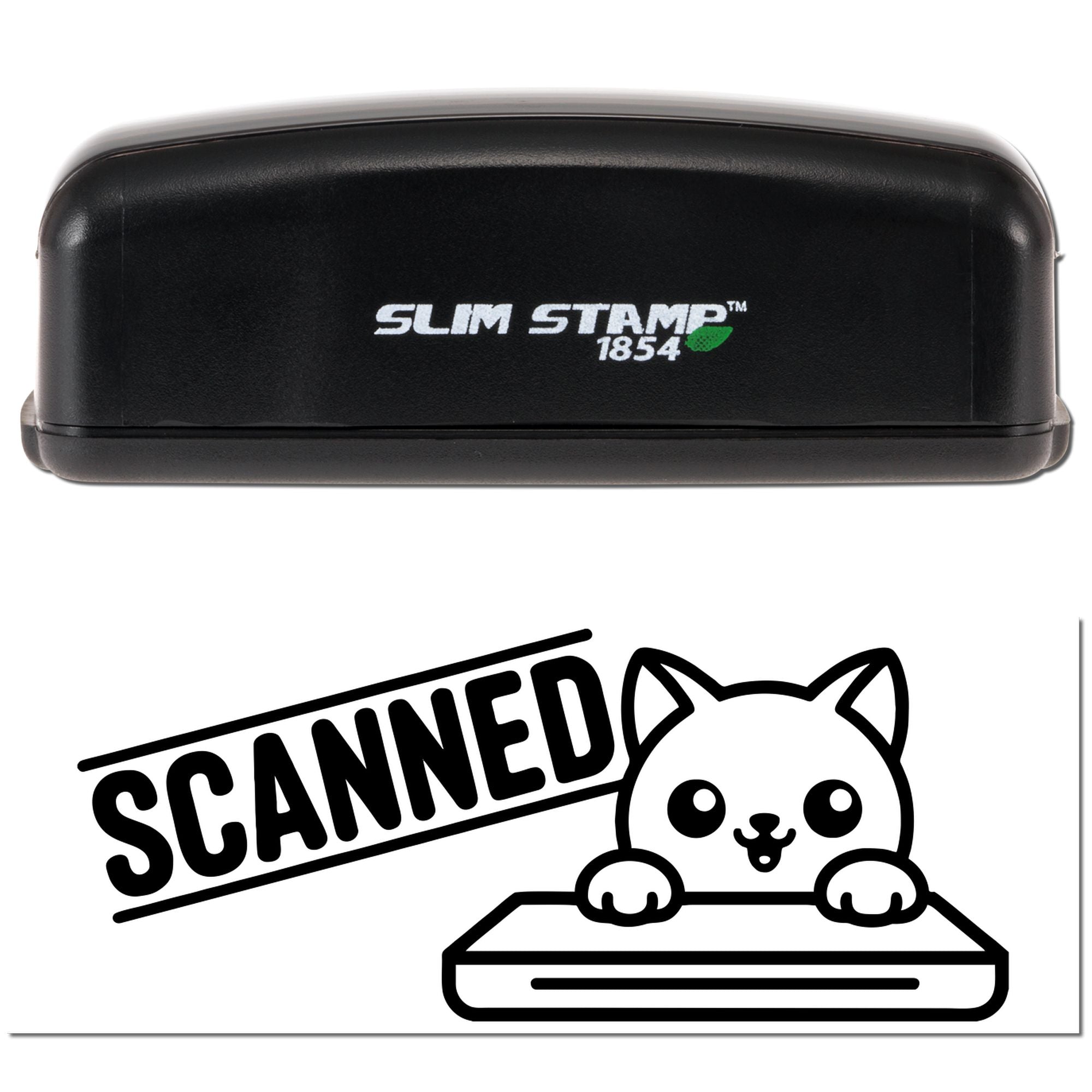 Slim Stamp 1854 self-inking rubber stamp with Scanned cat design imprint for custom document marking
