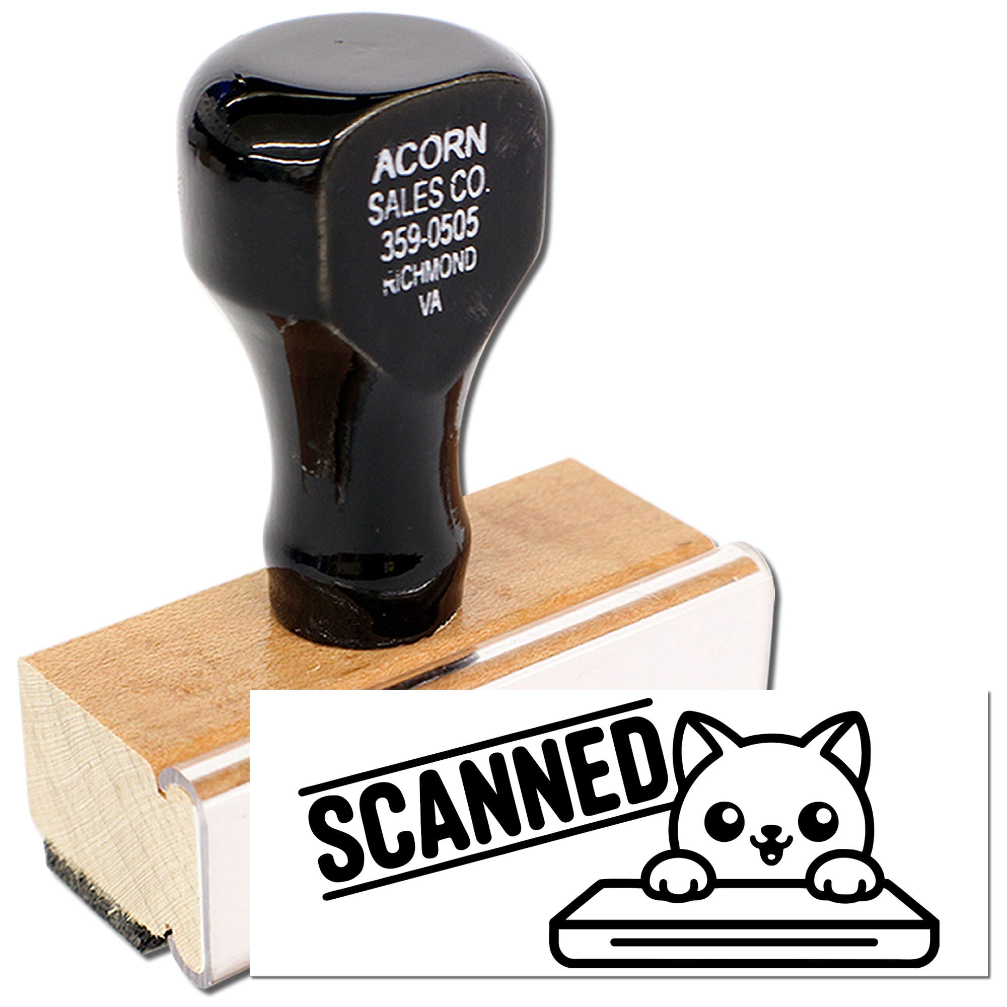 Custom wood handle rubber stamp showing scanned cat logo imprint for business branding and packaging.
