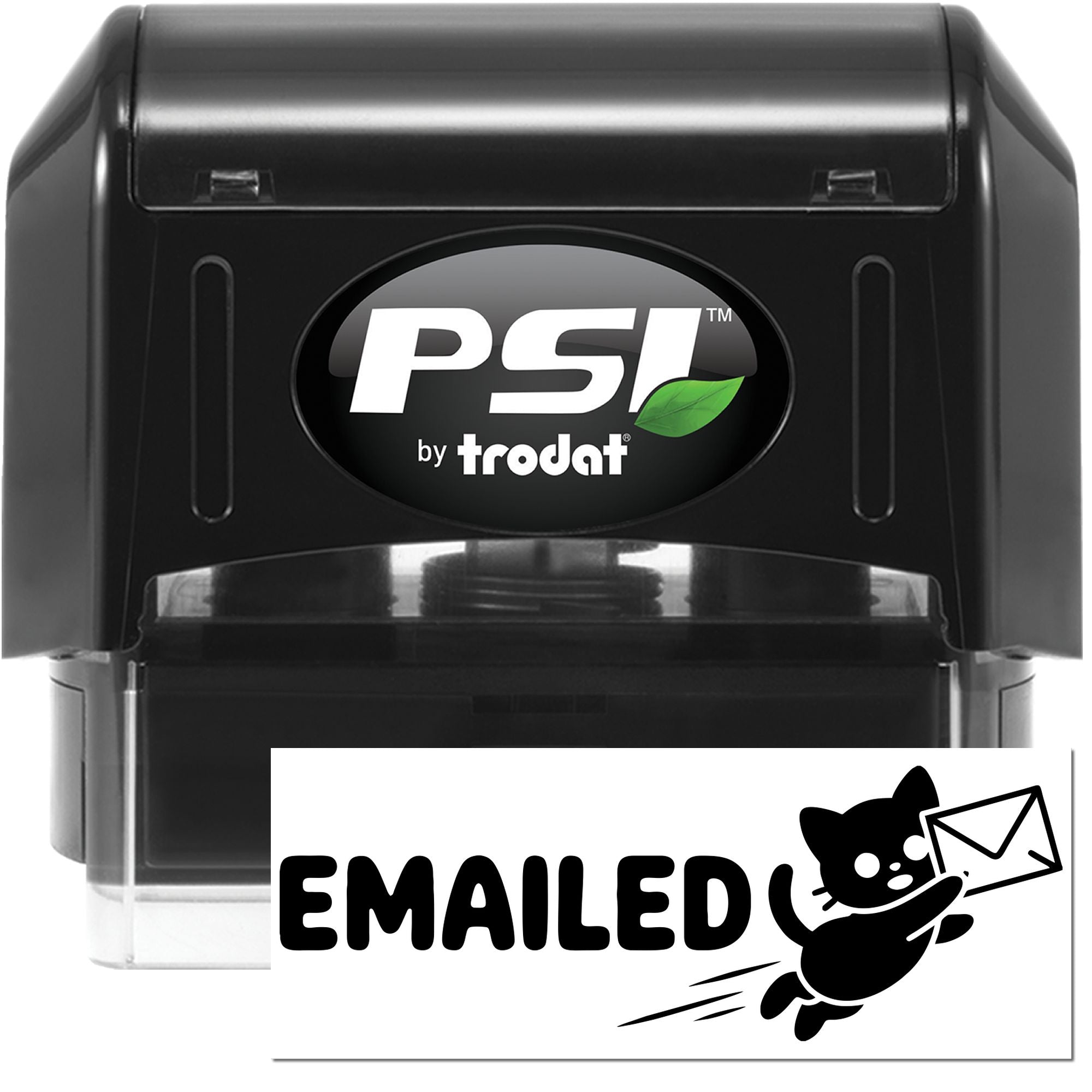 PSI by Trodat self-inking rubber stamp with Emailed imprint and cat mail icon for office document marking