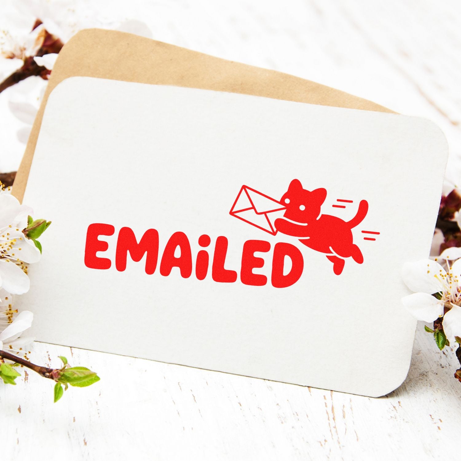 Emailed rubber stamp design with cat carrying an envelope, perfect for marking mail, office envelopes, and shipping packages.