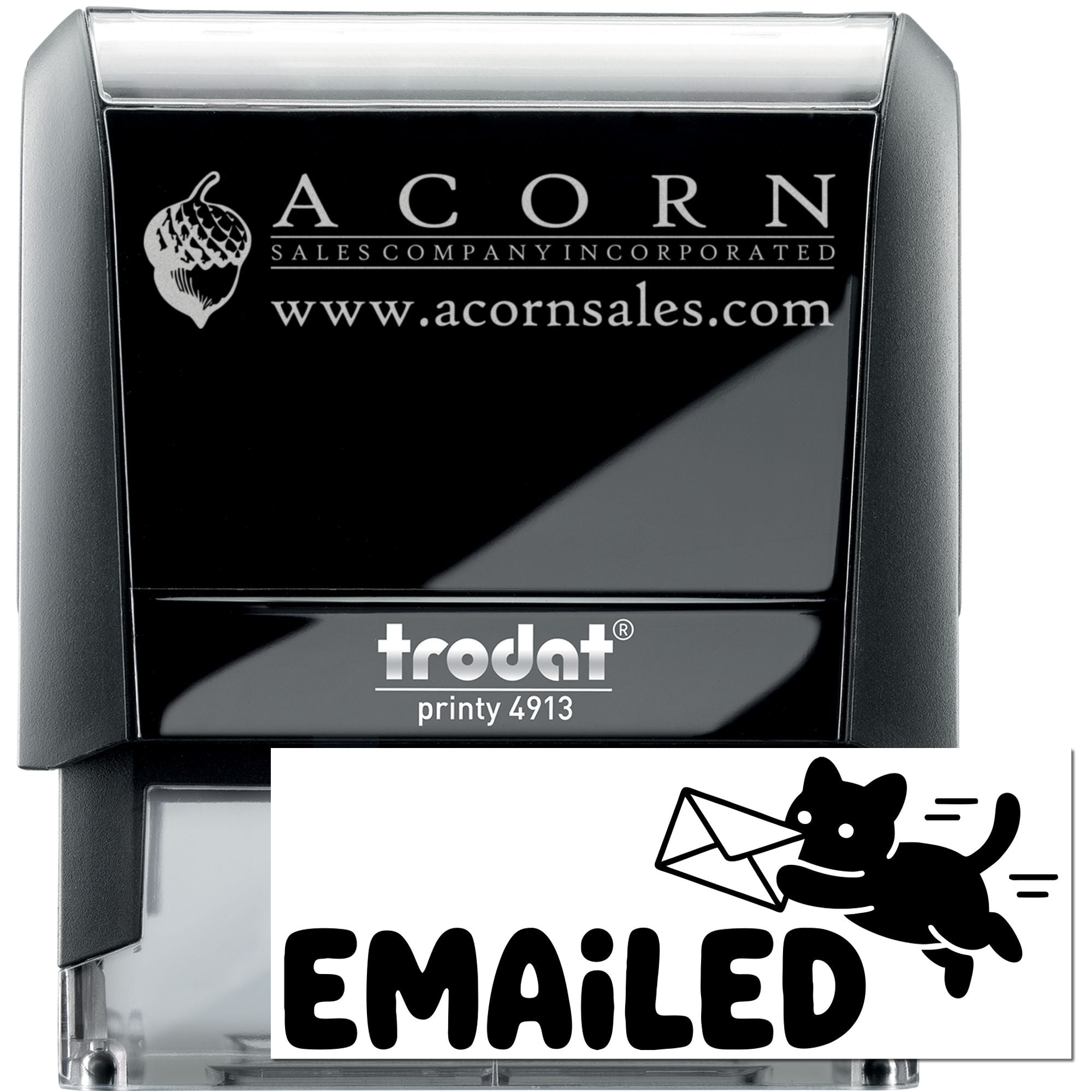 Custom self-inking rubber stamp, Trodat Printy 4913, with Acorn Sales Company logo, website, and Emailed imprint.