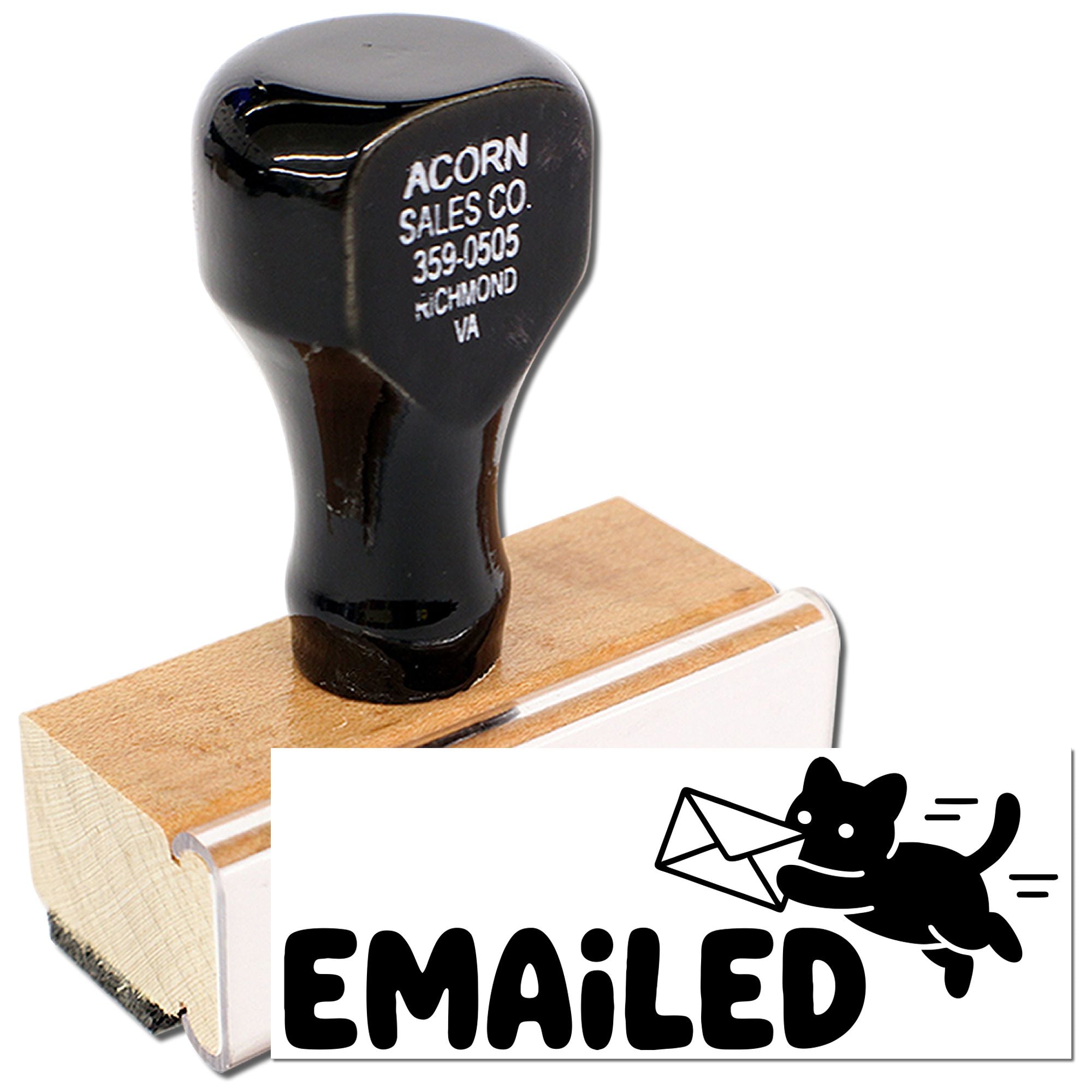Custom Emailed rubber stamp with cat mail icon, shown on wooden handle for office mail processing.