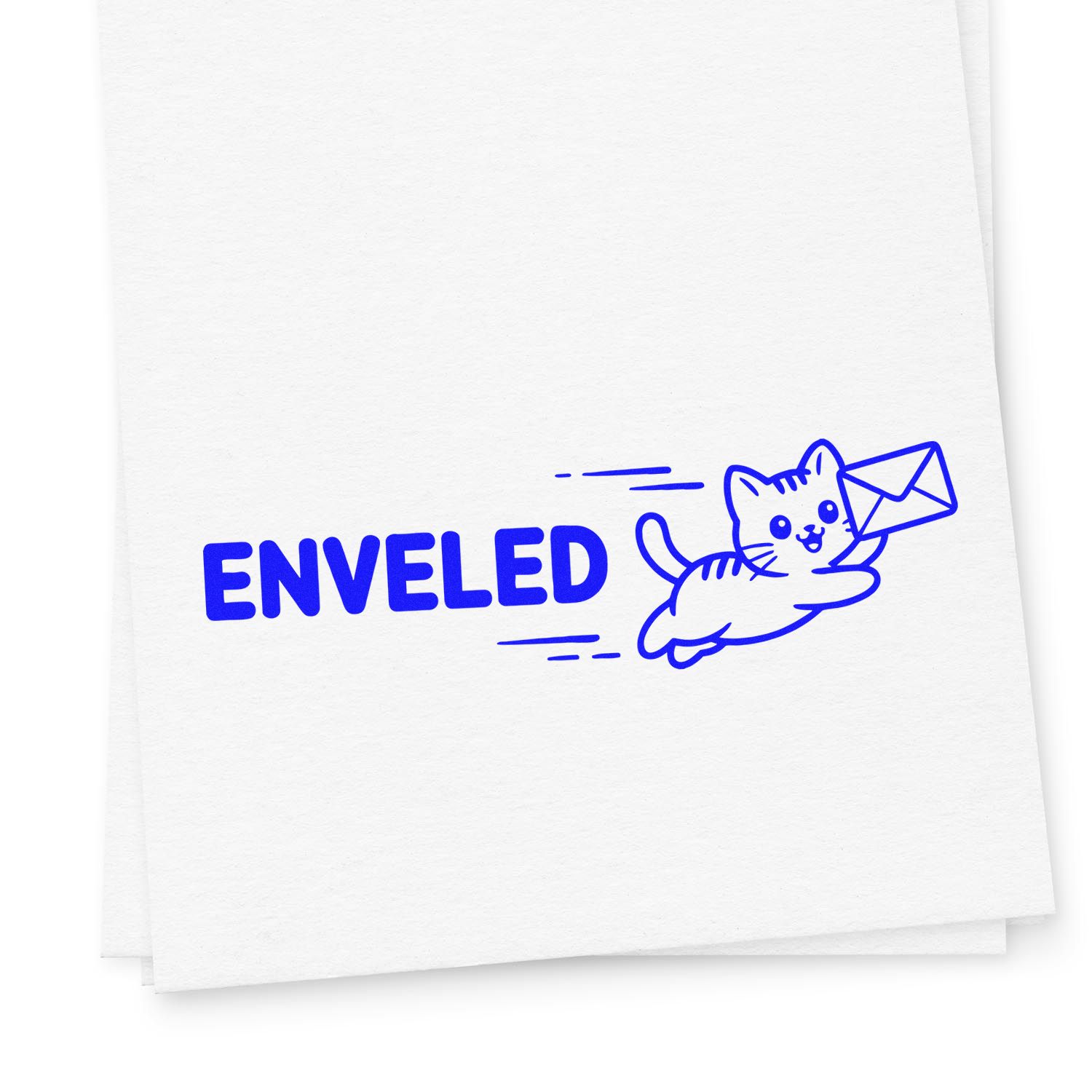 Cute blue rubber stamp design with a cat carrying an envelope and ENVELED text for mail and shipping branding.