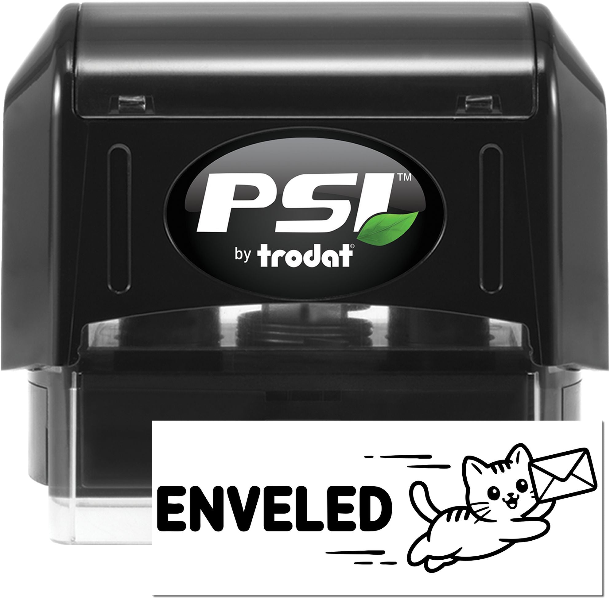 PSI by Trodat self-inking rubber stamp with cat-and-envelope design and ENVELED text for mailing labels.