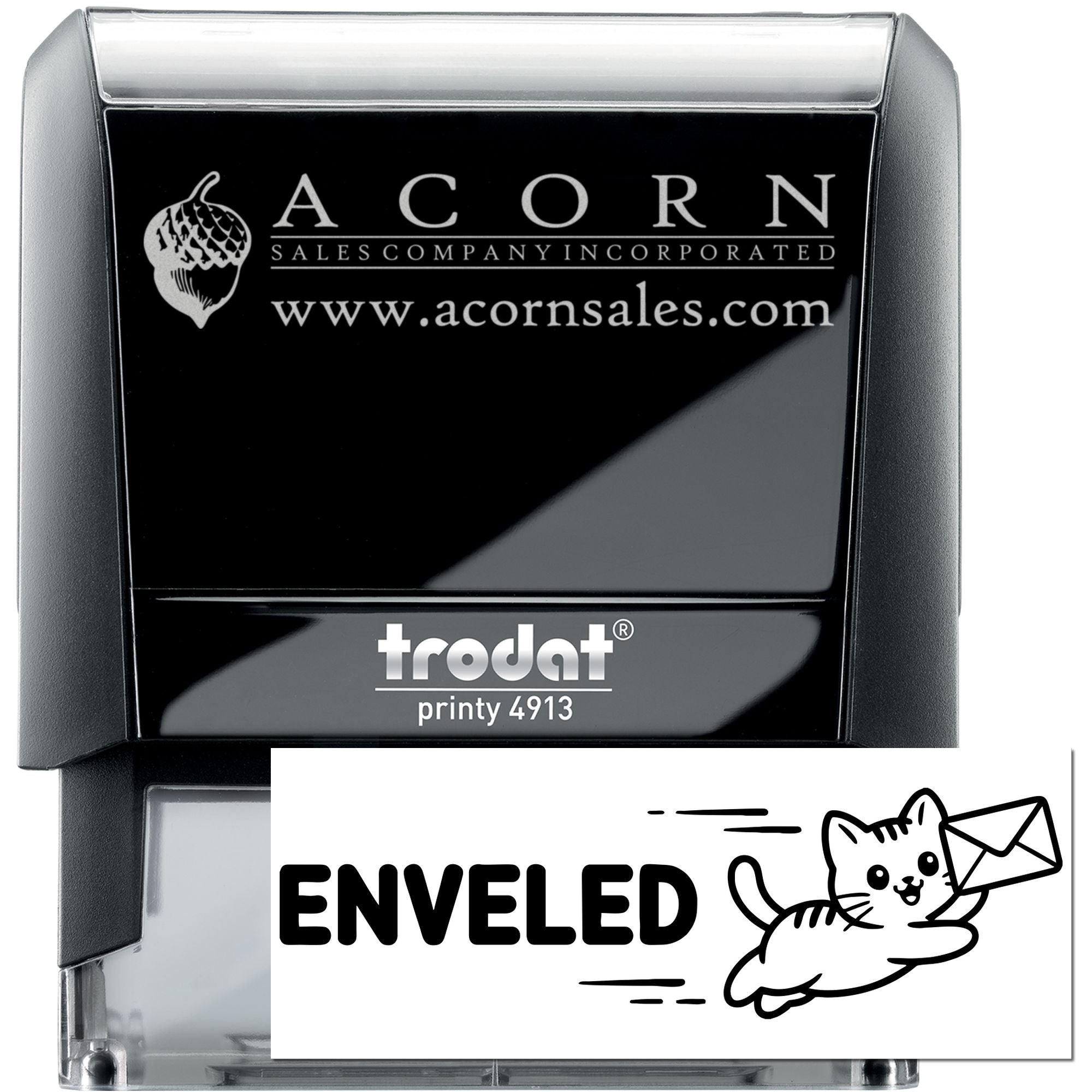 Custom self-inking rubber stamp, Trodat Printy 4913, with Acorn Sales logo, website, and envelope graphic for business mailing.