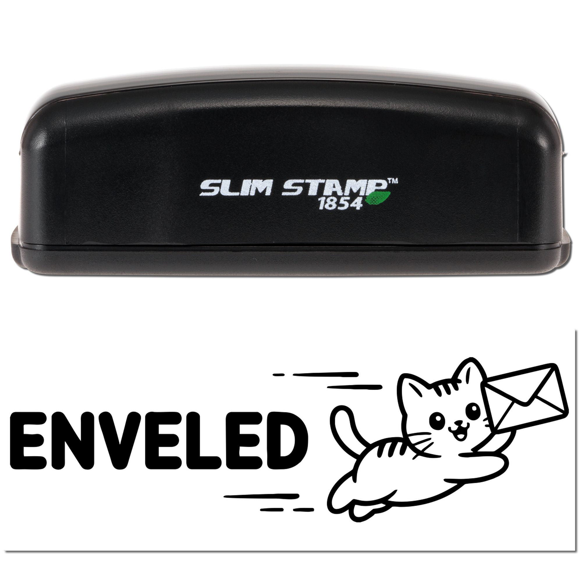 Slim Stamp 1854 self-inking rubber stamp featuring "Enveloped" cat-and-envelope design for mail, stationery, and packaging.