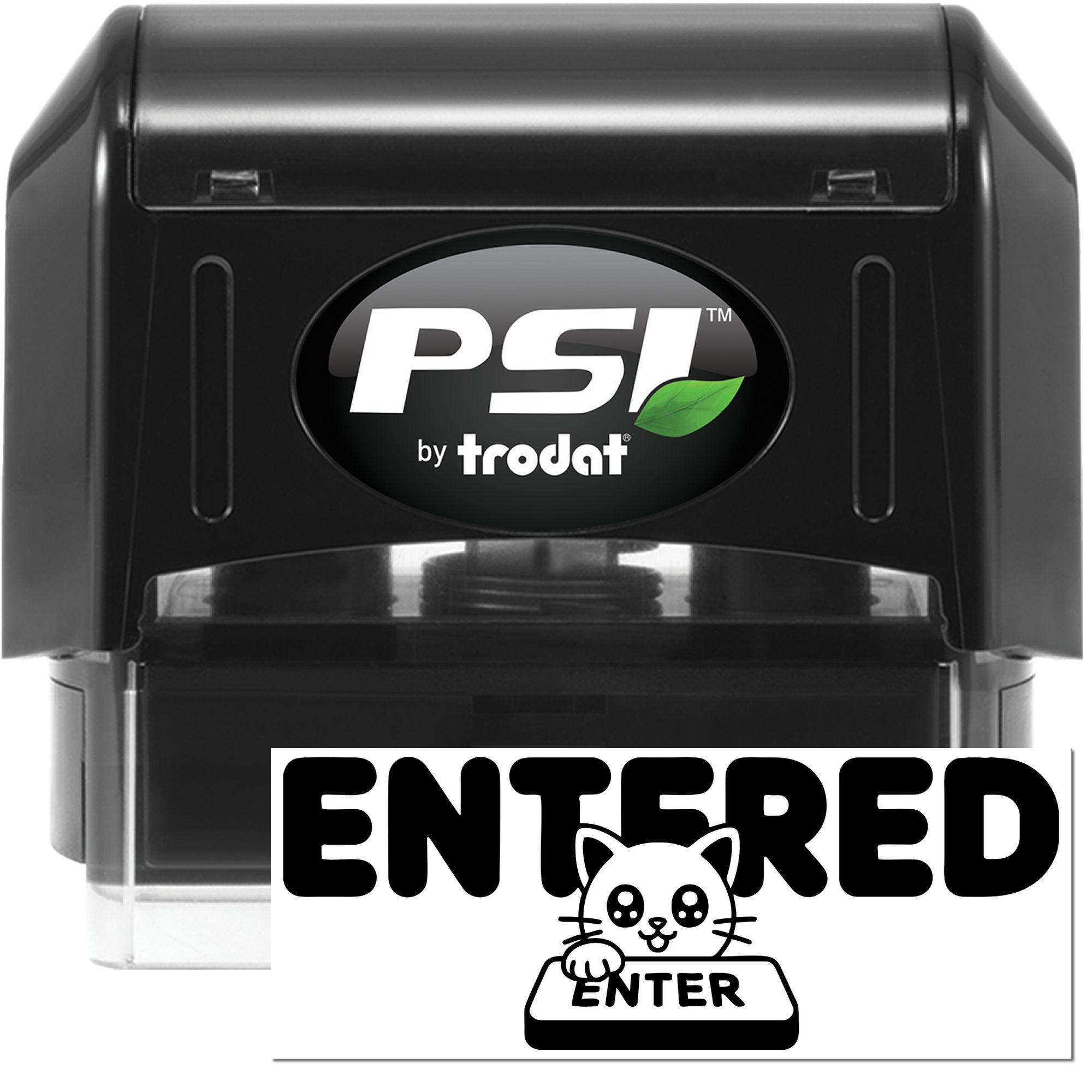 PSI by Trodat self-inking rubber stamp with custom Entered cat design for office document and mail marking.