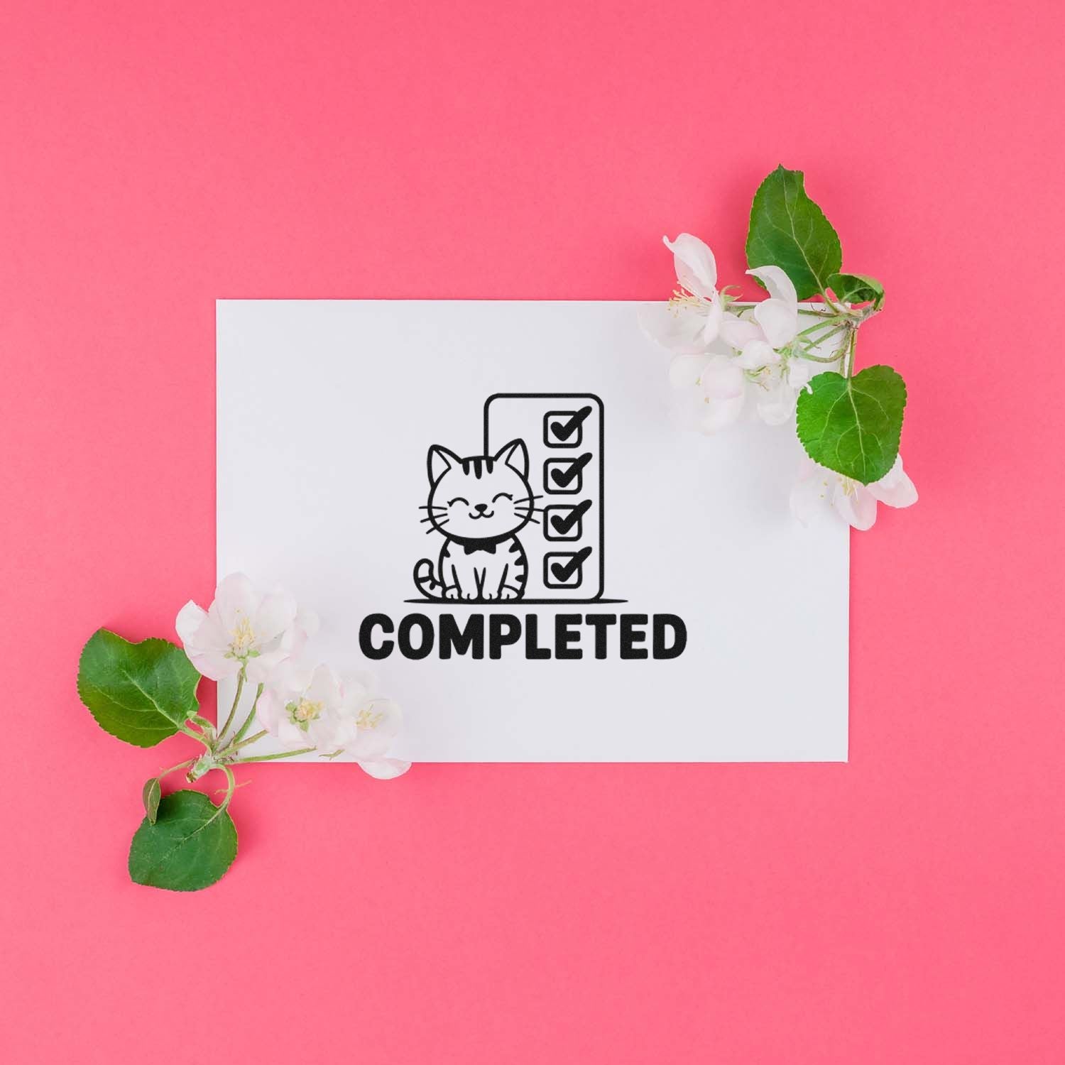 Cat completed rubber stamp design with checklist icon, perfect for finished tasks, planner pages, and custom craft stamps.