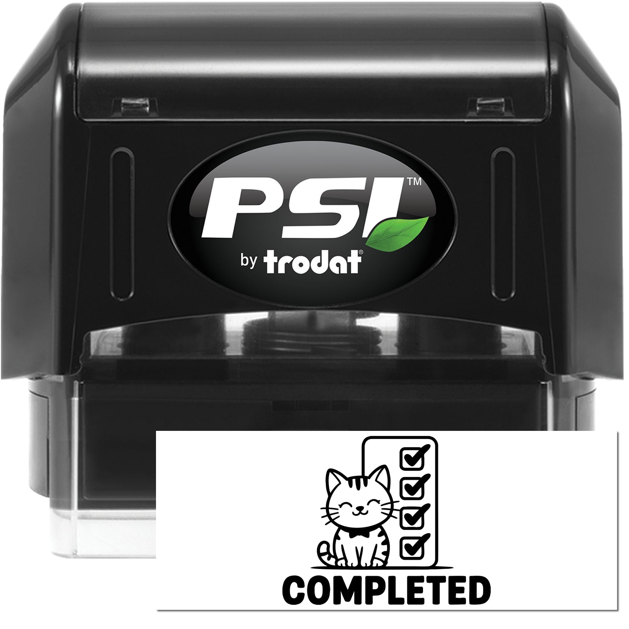 PSI by Trodat self-inking rubber stamp with cat checklist and COMPLETED imprint for marking tasks finished.