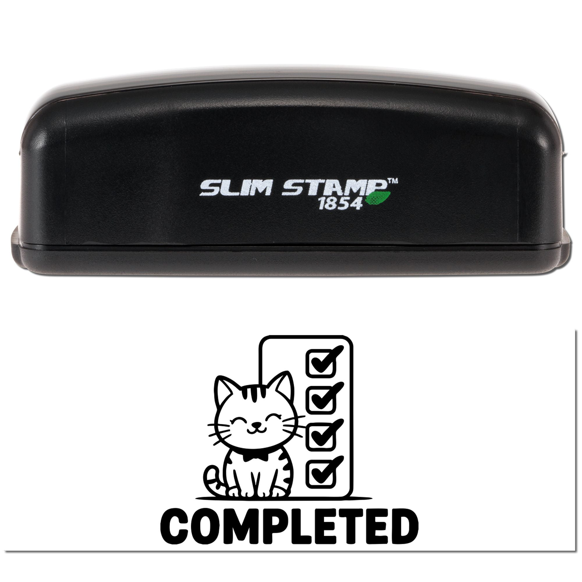 Custom Slim Stamp 1854 self-inking rubber stamp with cat checklist Completed design for marking tasks done.