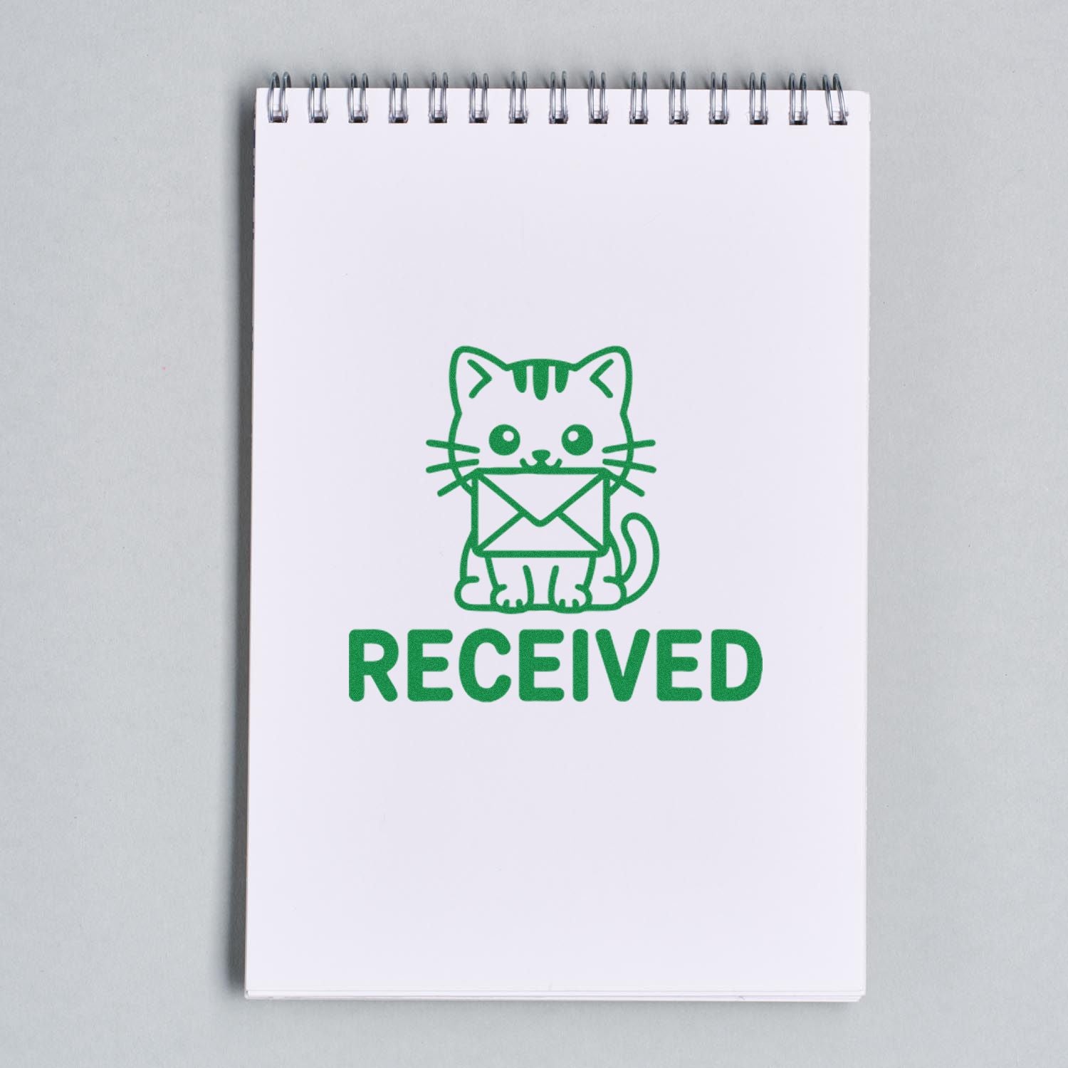 Green received rubber stamp with cat holding envelope, perfect for office mail, invoices, and document processing.