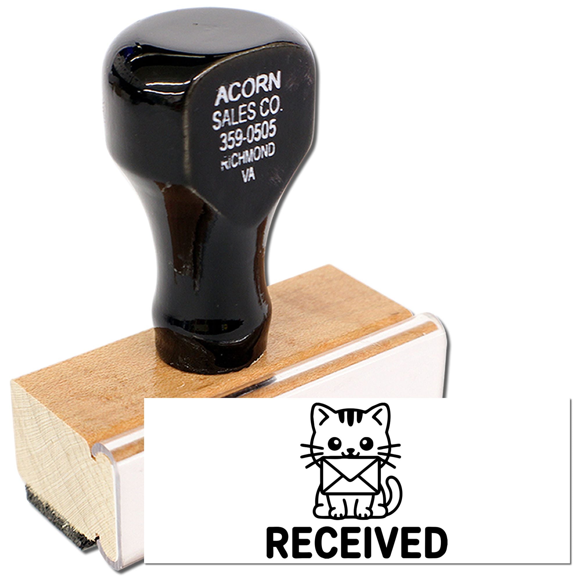 Custom wooden rubber stamp with cat-and-envelope RECEIVED design for office mail and document processing.
