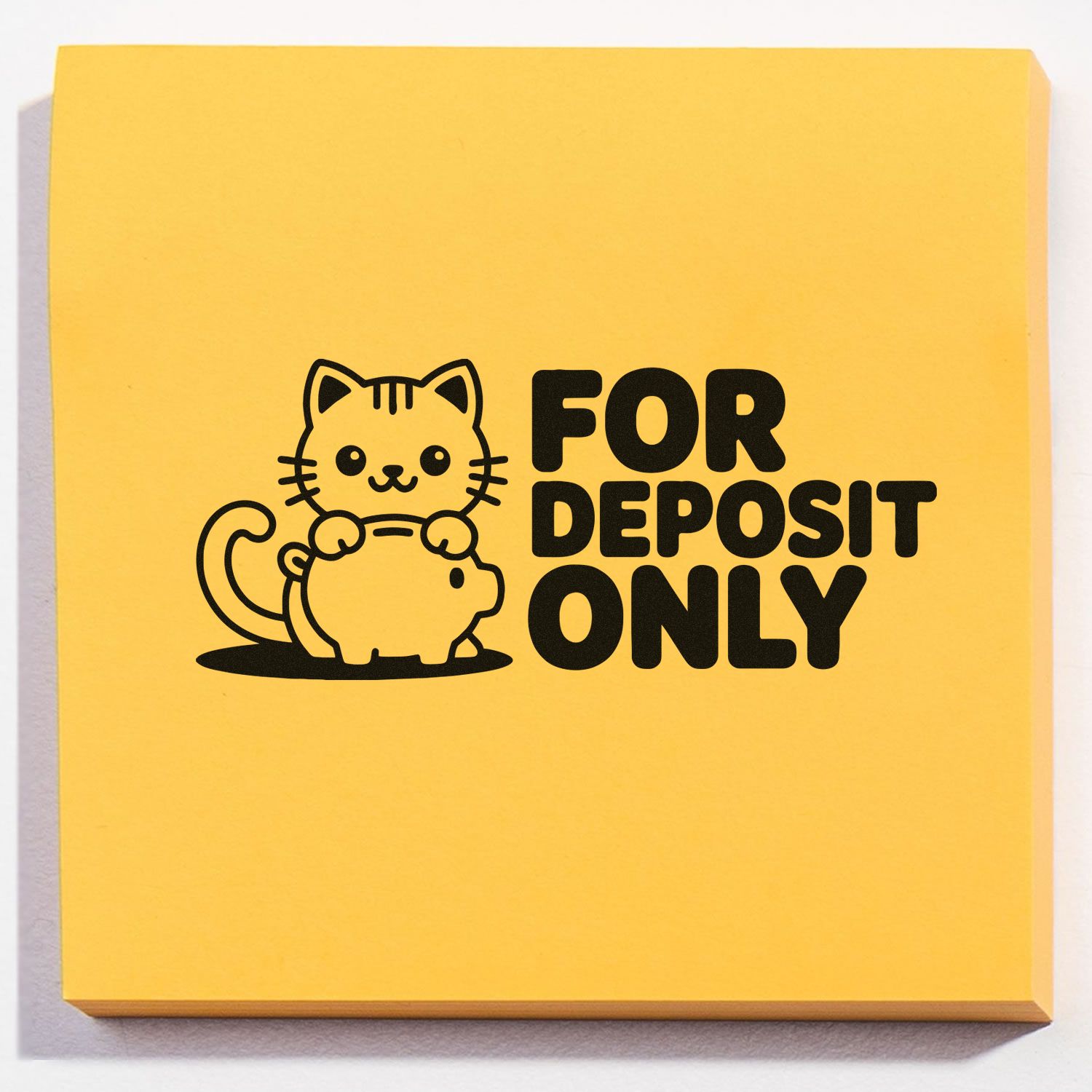 Cat-themed For Deposit Only rubber stamp design for bank deposit processing, printed in bold black on a yellow note pad.