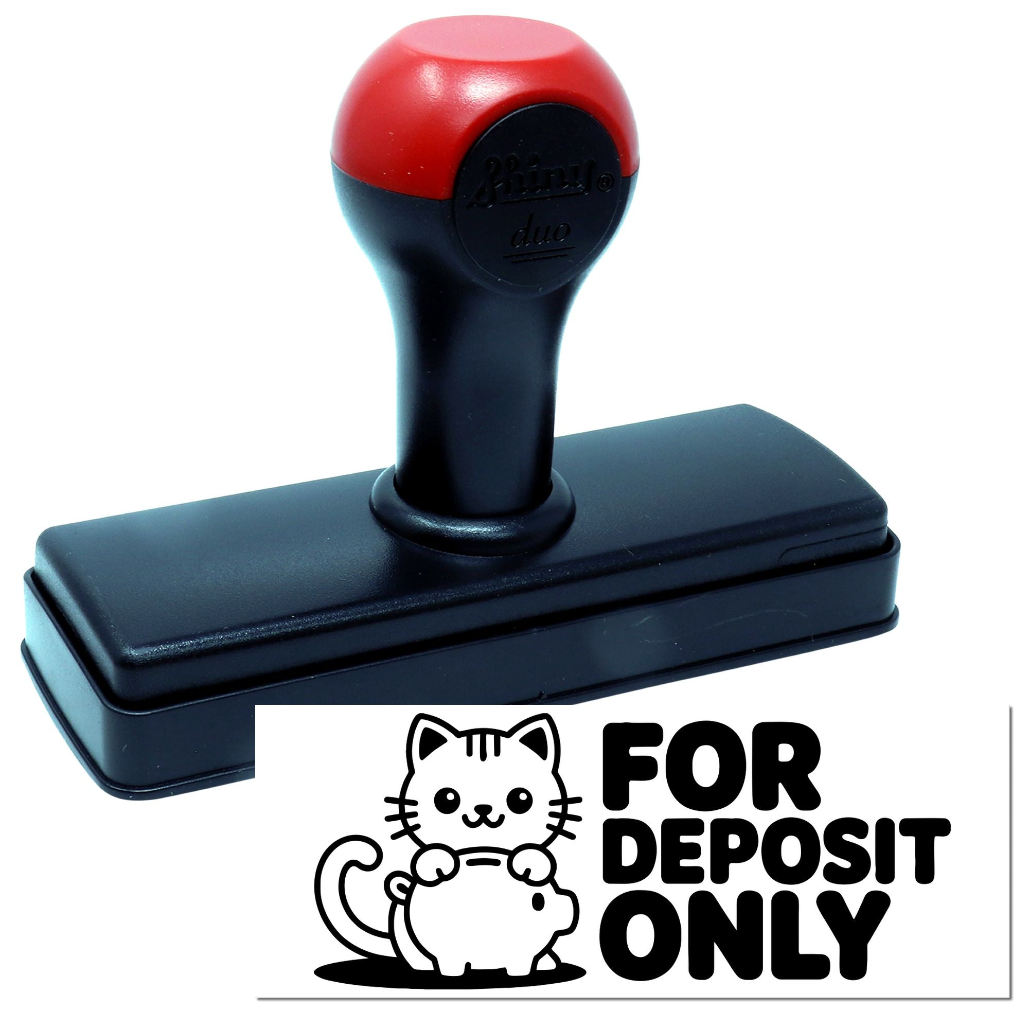 Self-inking rubber stamp with For Deposit Only cat and pig design for banking, check endorsement, and business use.