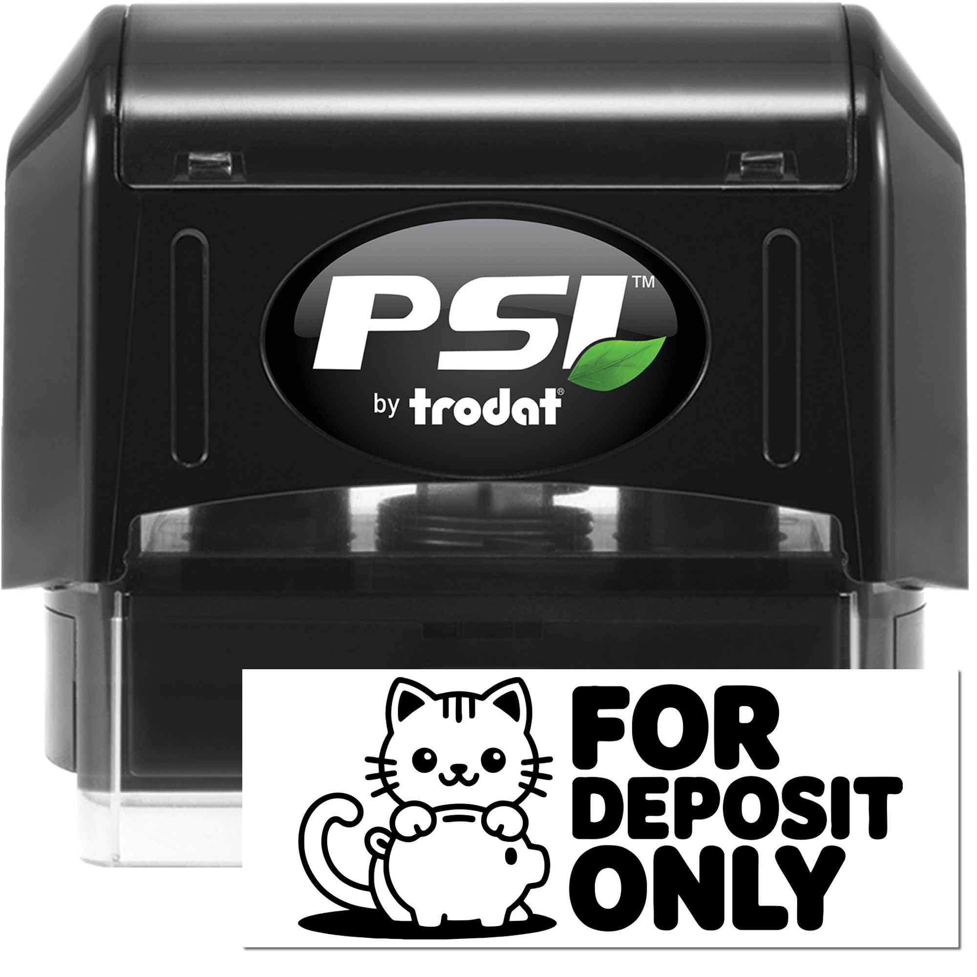 PSI by Trodat self-inking rubber stamp for deposit only with cat design, ideal for check endorsement.