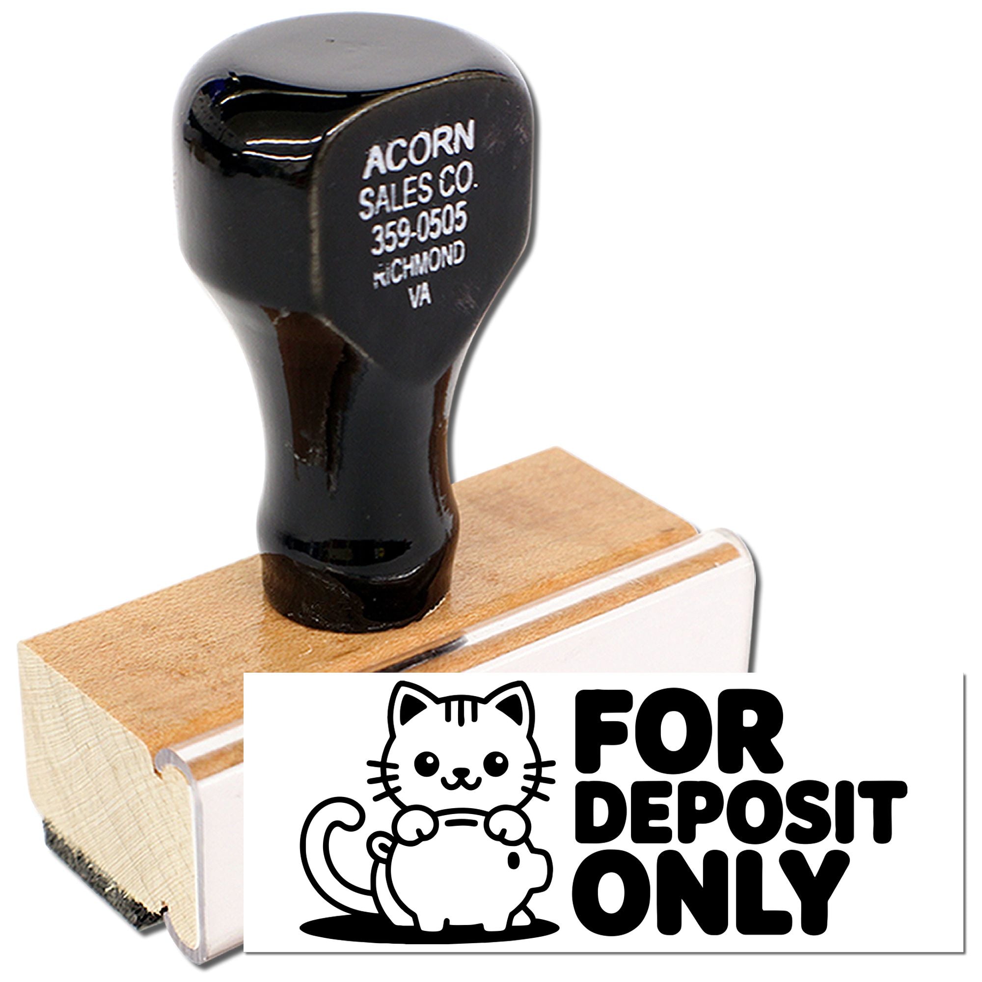 Custom rubber stamp with For Deposit Only cat and piggy bank design for bank deposit endorsement.