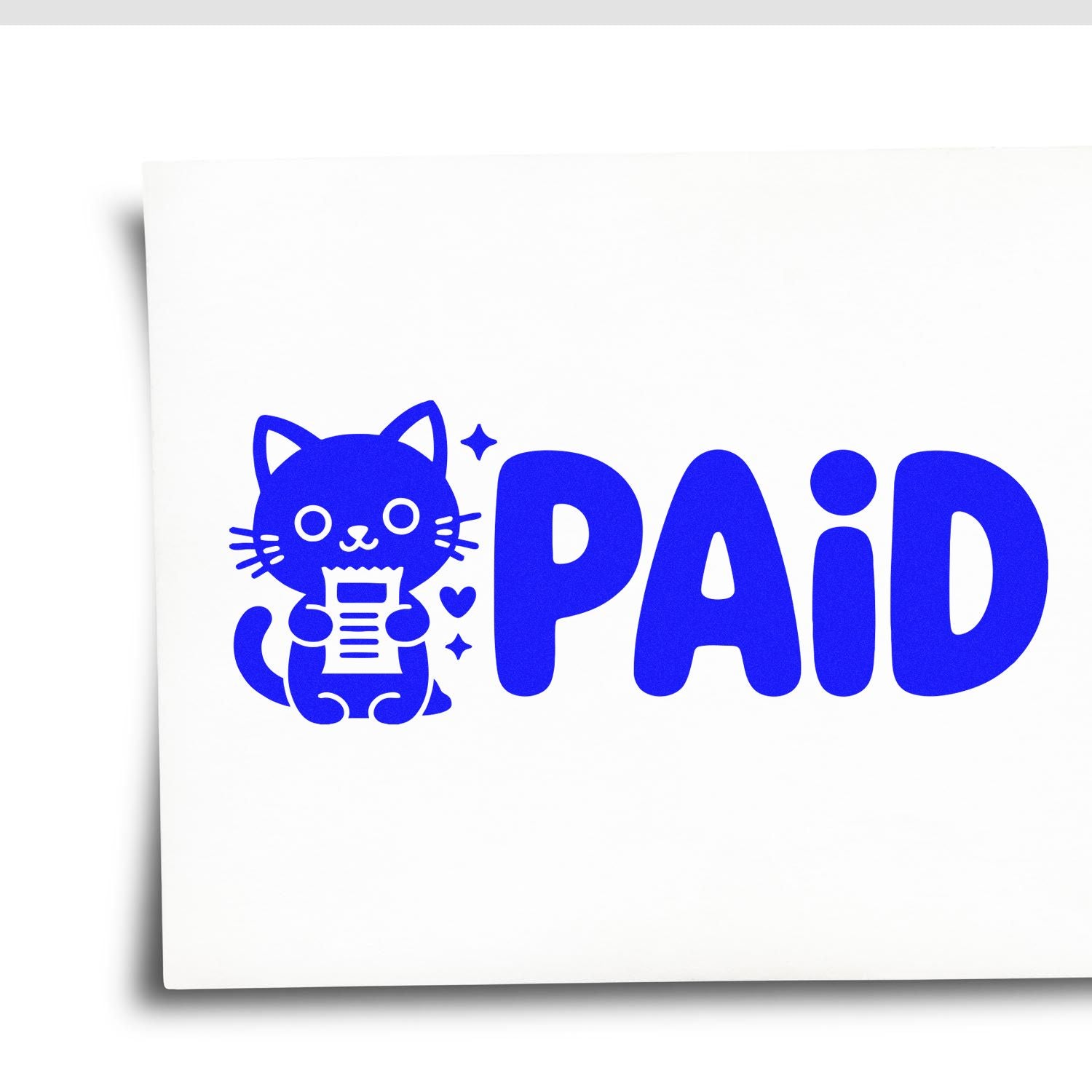 Cute cat PAID rubber stamp design in blue, ideal for marking invoices, receipts, and business payments.