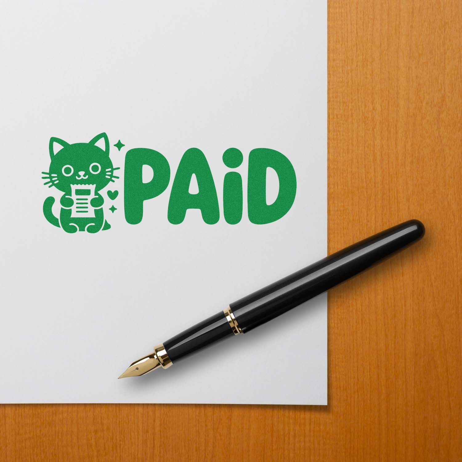 Green PAID rubber stamp with cat icon on paper beside a fountain pen, ideal for invoices and office document marking.
