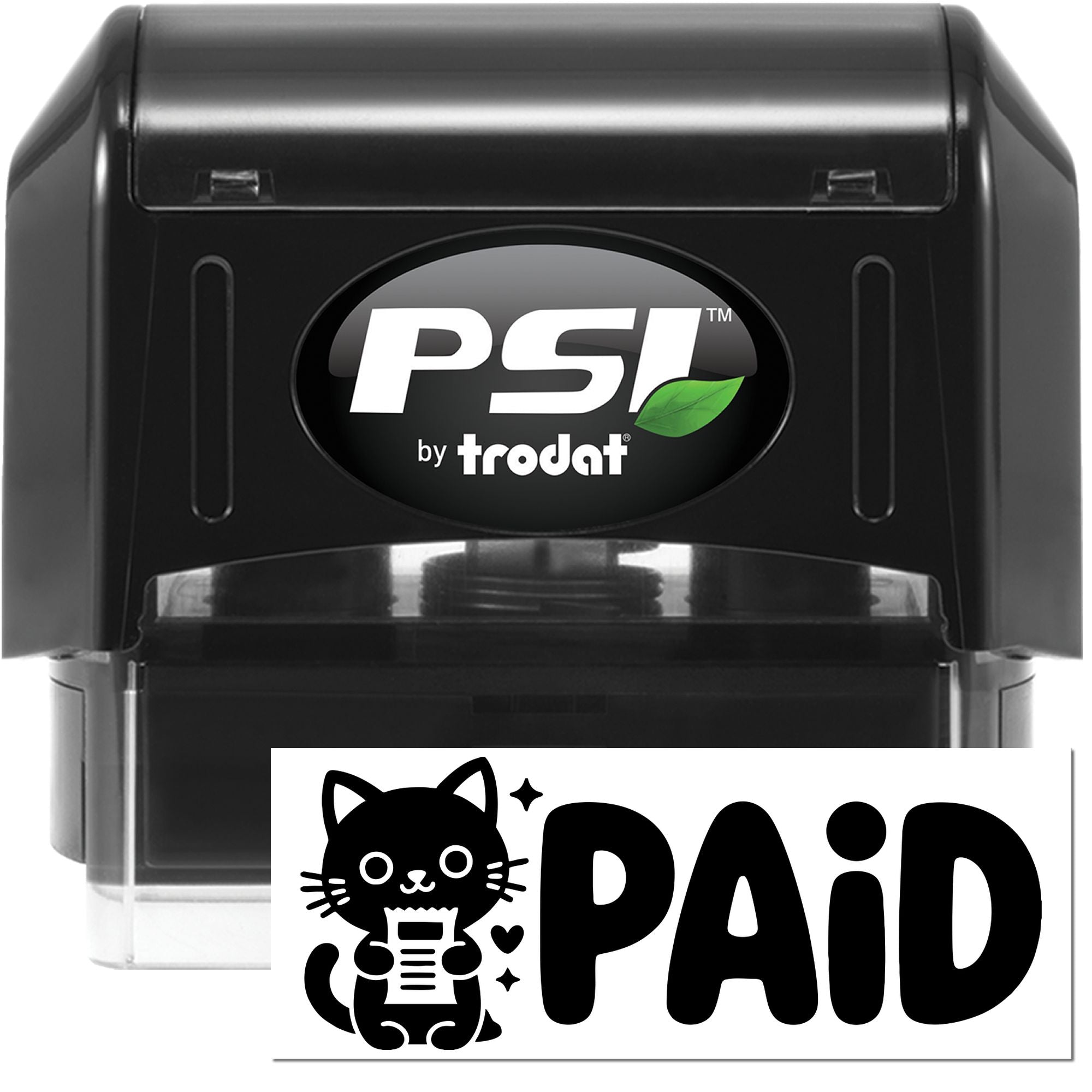 PSI by Trodat self-inking rubber stamp with custom PAID cat design for office billing, invoices, and bookkeeping.