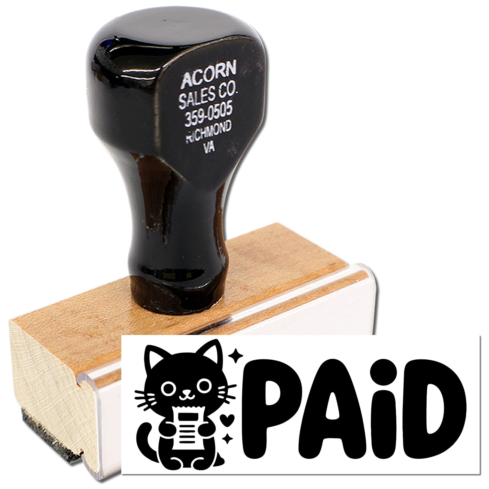 Custom PAID rubber stamp for invoices, bookkeeping, and business documents with wooden handle and cat design.
