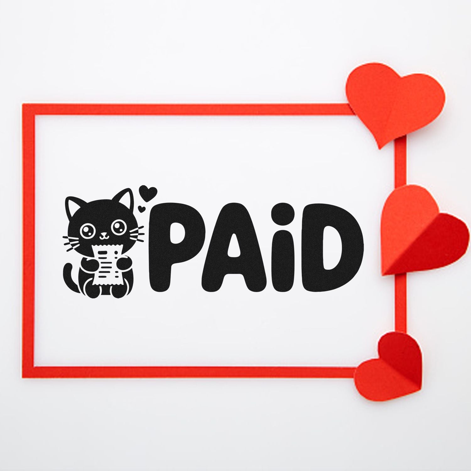 Cute cat PAID rubber stamp design with hearts, ideal for invoices, receipts, and Valentine craft projects.