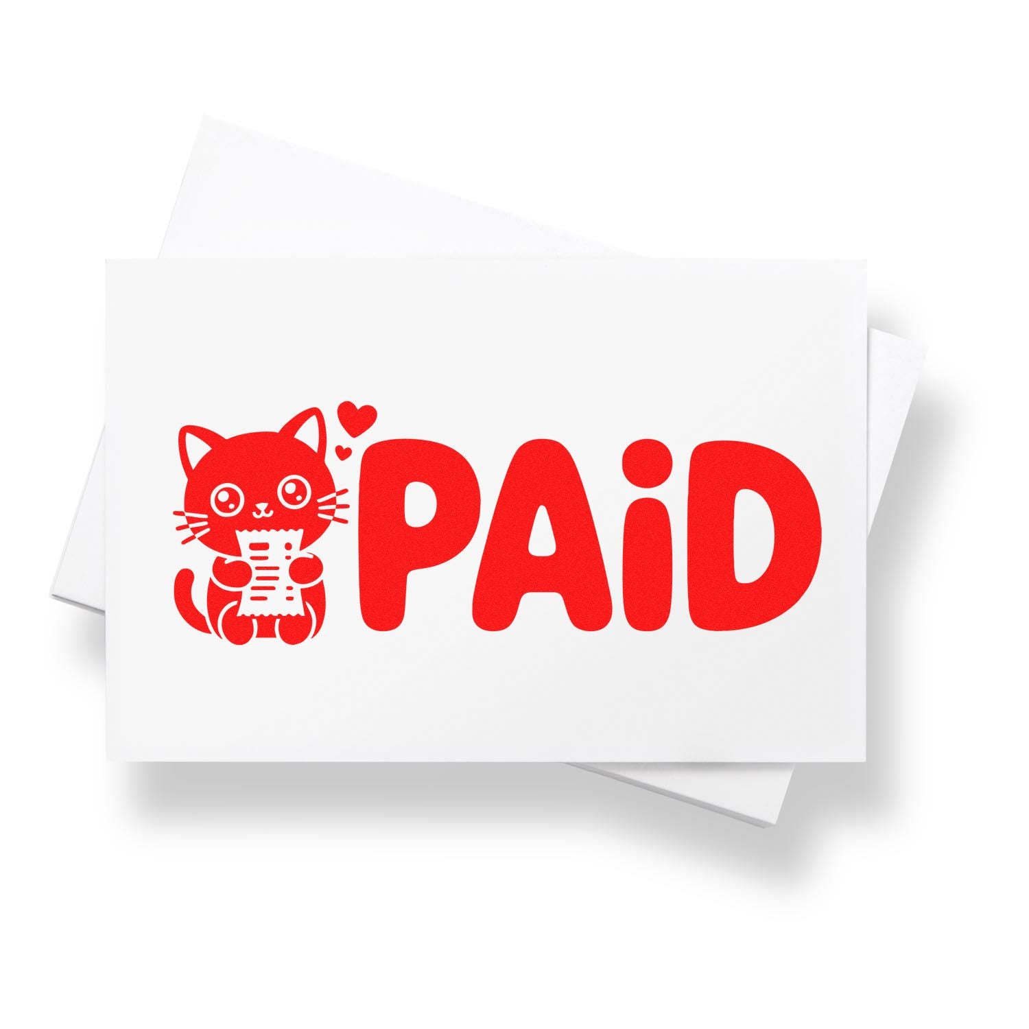 PAID rubber stamp with cute cat and hearts, ideal for marking invoices, receipts, and office payment records.