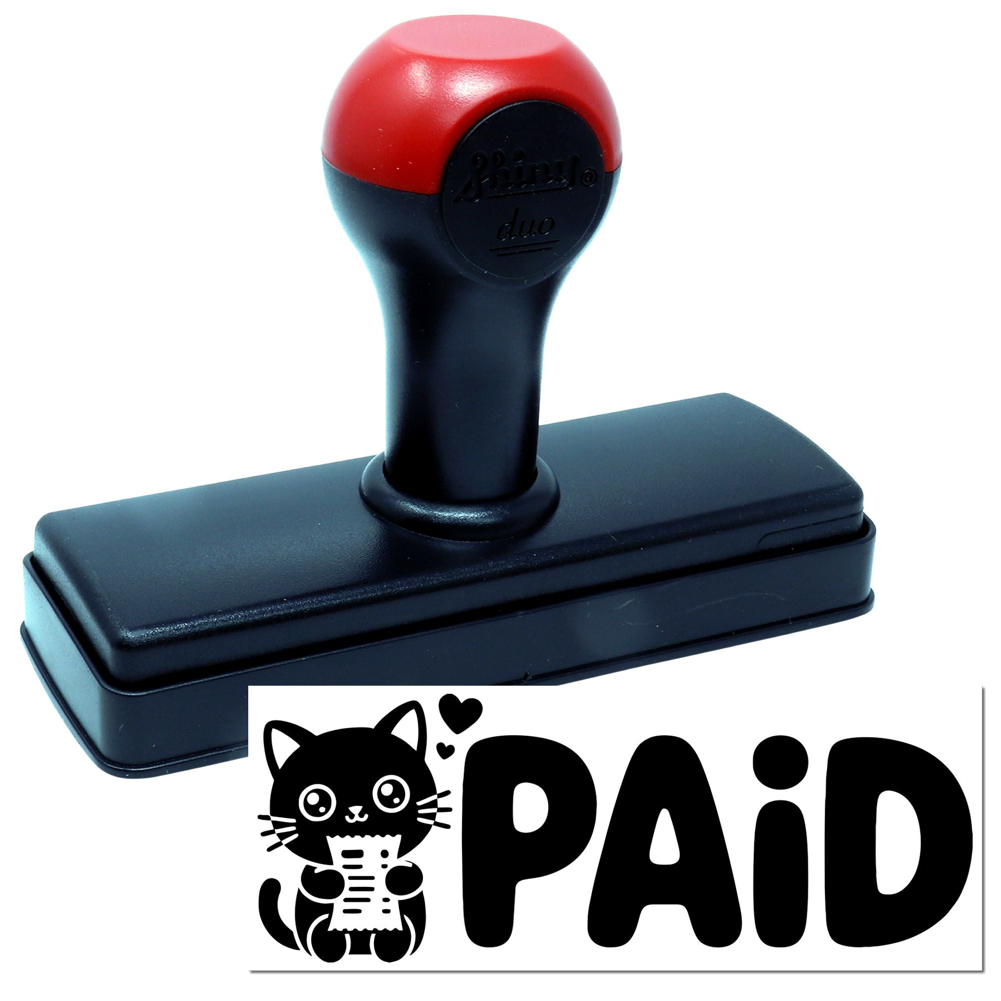 Self-inking rubber stamp with cute cat PAID design for marking invoices, receipts, and business paperwork.